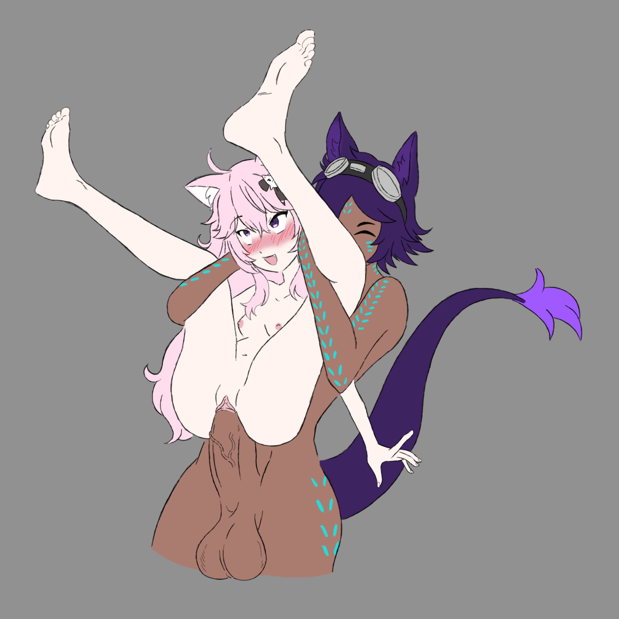 1boy, 1girls, ahe gao, areolae, balls, big balls, blush, body markings, breasts, closed eyes, dark skin, dark-skinned femboy, dark-skinned male, dark-skinned sub, female, femboy, femboy on female, full nelson, hands on head, huge cock, large penis, legs, legs apart, legs over head, legs up, light skin, light-skinned female, male, nipples, nude, nude female, nude male, nyatasha nyanners, oc, penis, pink hair, purple eyes, purple hair, pussy, small breasts, straight, stretched pussy, stretching, tail, vaginal, vaginal penetration, vaginal sex, veiny penis, virtual youtuber, vshojo, whispmuffin