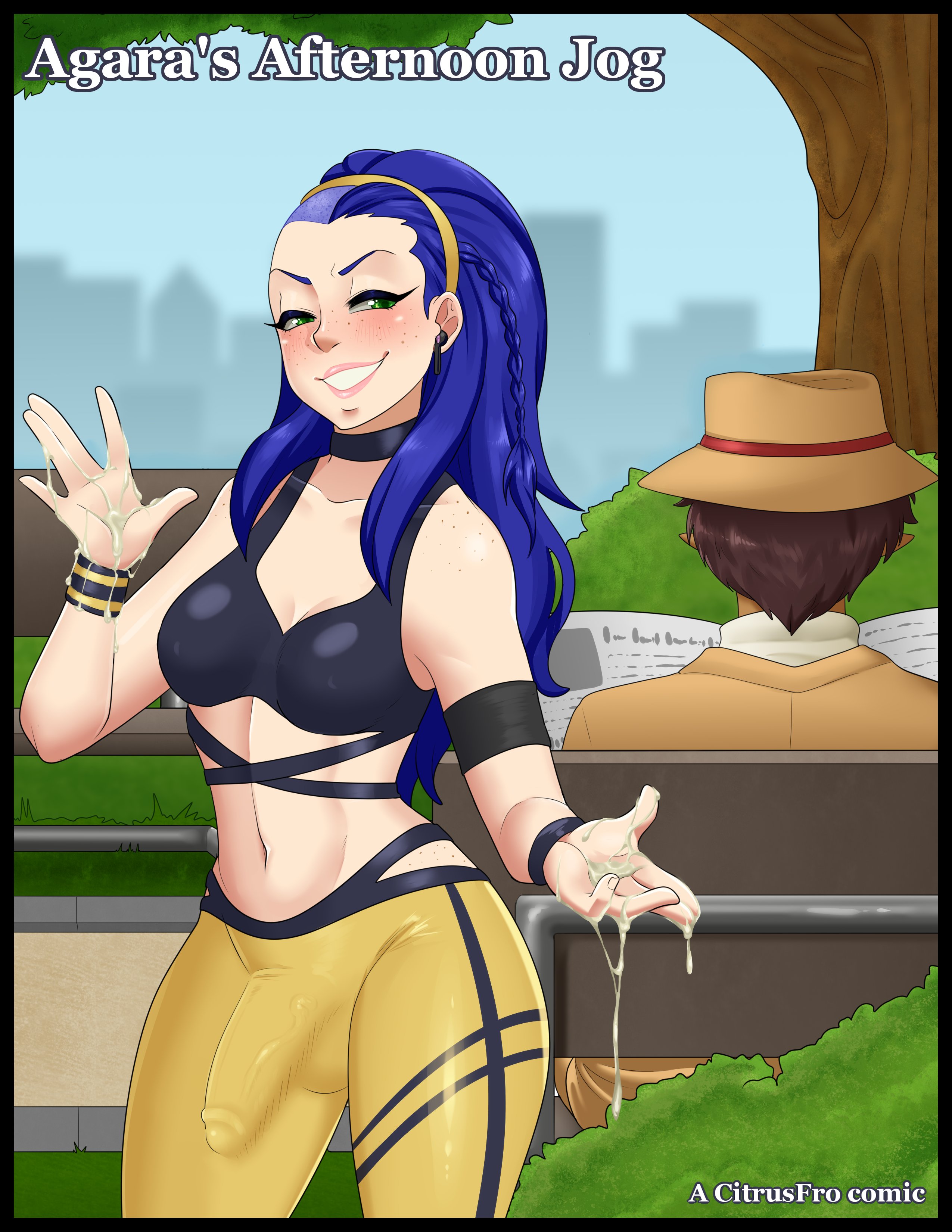 1boy, 1futa, after orgasm, balls, balls bulge, balls under clothes, bench, blue hair, blush, breasts, cameltail, citrusfro, clothed, clothing, comic, comic cover, cum, cum drip, dark skin, dickgirl, duo, elf, erect nipples, flaccid, fully clothed, futa with male, futanari, glasses, human, humanoid, intersex, light skin, light-skinned futa, light-skinned male, male, medium breasts, nipple bulge, nipples, original character, penis, penis bulge, penis under clothes, public, standing, sweat, text, tight clothing, wide hips, workout clothes