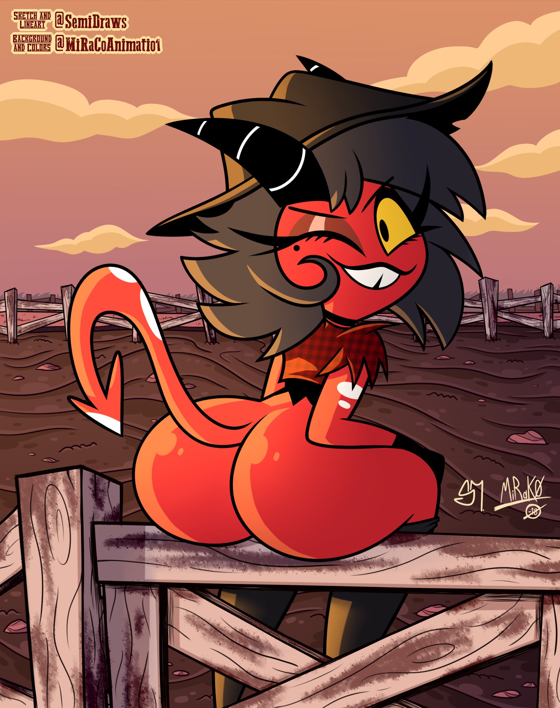 absurd res, anthro, ass, big ass, big butt, bottomless, buckteeth, clothed, clothing, demon, female, fence, flannel, grey hair, hair, hat, headgear, headwear, hellaverse, helluva boss, hi res, horn, imp, looking at viewer, looking back, looking back at viewer, millie (helluva boss), mirako, one eye closed, partially clothed, presenting, presenting hindquarters, red body, red skin, semidraws, sitting, smile, smiling at viewer, solo, spade tail, teeth, wide hips, wink, winking at viewer, yellow sclera