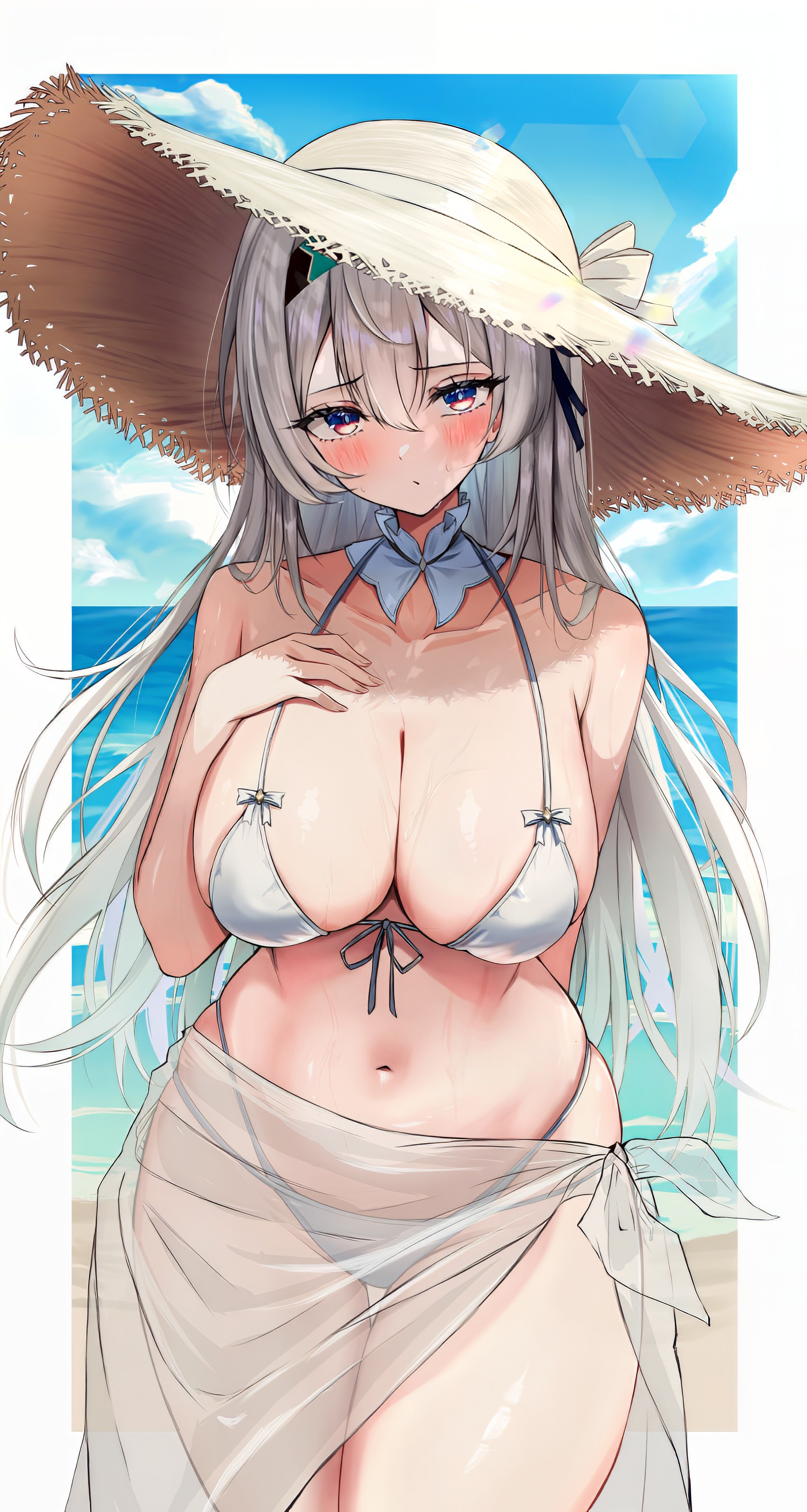 b-shi, bare legs, bare shoulders, beach, belly, belly button, bikini, blush, breasts, cleavage, female, female only, firefly (honkai: star rail), grey hair, hand on breast, hat, headband, hips, honkai: star rail, large breasts, long hair, multicolored eyes, navel, sand, sarong, sea, see-through, see-through clothing, silver hair, solo, sun hat, swimsuit, tropical, underwear, white bikini, white sarong, white underwear