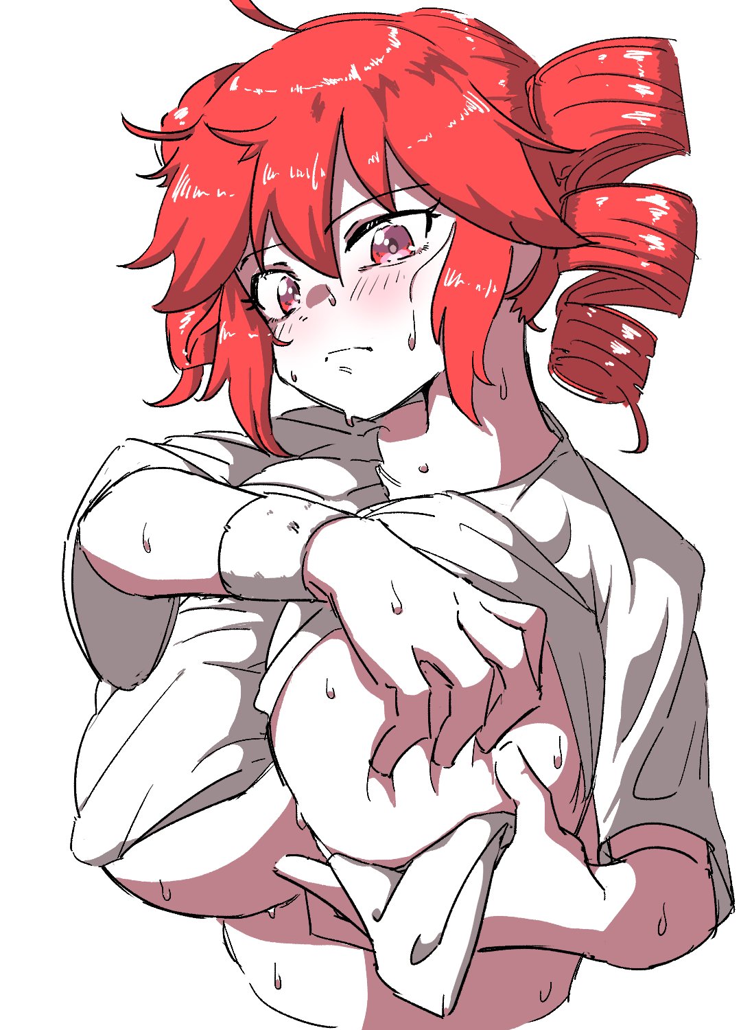 1girls, 2d, 2d (artwork), ahoge, arm under breasts, belly, big breasts, breast grab, breasts, colored sketch, female, female only, grabbing own breast, huge breasts, kasane teto, large breasts, looking down, no bra, oshijuu748, red eyes, red hair, shirt, shirt lift, shirt lifted by self, simple background, slim waist, solo, solo female, sweat, sweating, sweating profusely, twin drills, upper body, upper body focus, utau, white background, wiping sweat