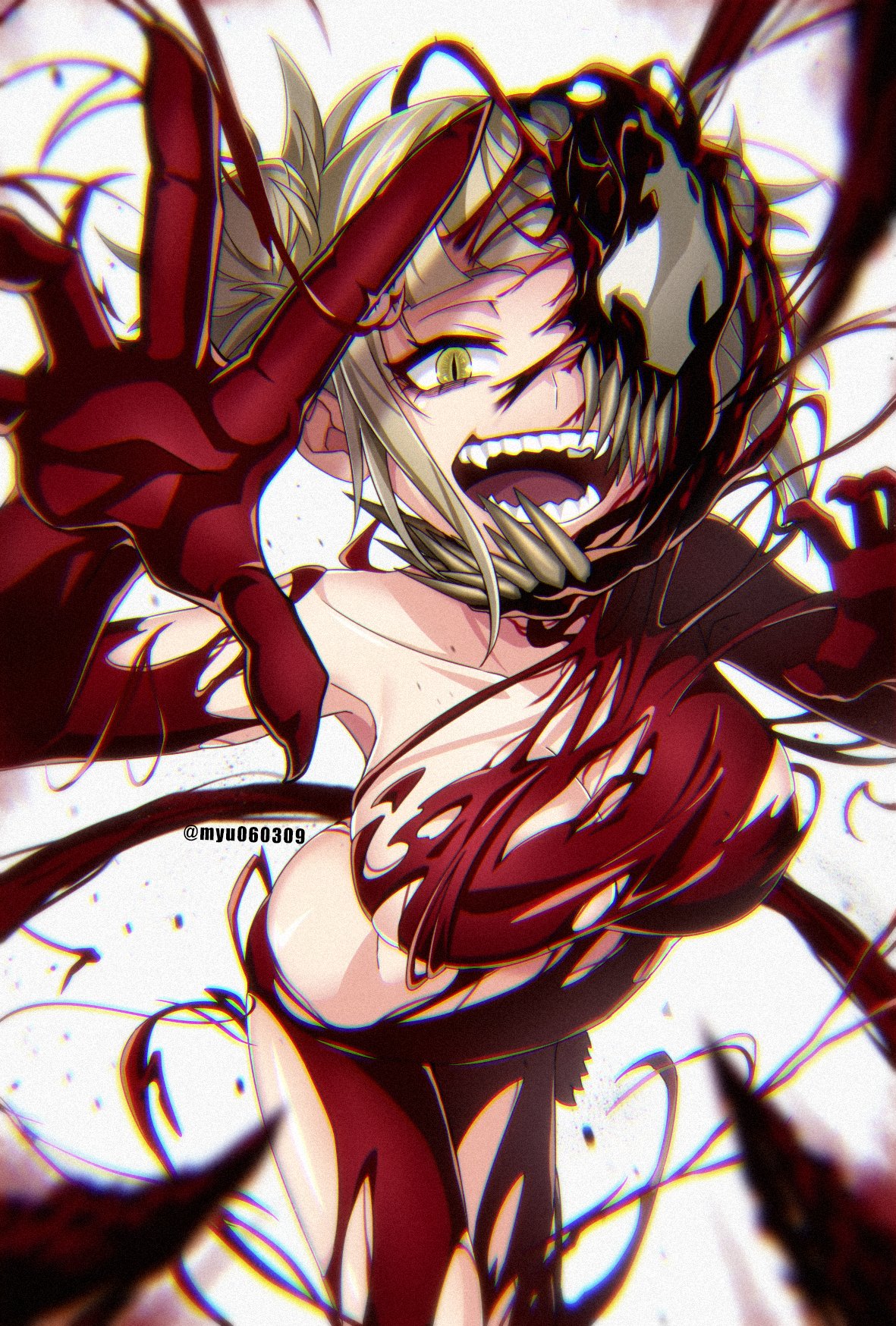 1girls, 2022, big breasts, blonde hair, blonde-haired female, blood, breasts, carnage (marvel), corruption, crossover, fangs, female, female only, himiko toga, light skin, light-skinned female, marvel, marvel comics, my hero academia, myu (artist), sharp teeth, she-carnage, shounen jump, slit pupils, solo, solo female, spider-man (series), symbiote, teeth, teeth showing, transformation, villain, yellow eyes