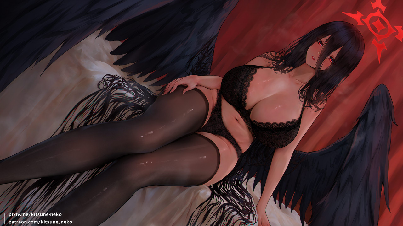 1girls, bed, big breasts, blue archive, breasts, female, female only, halo, hasumi (blue archive), justice task force (blue archive), kitsune-neko, lingerie, long hair, stockings, trinity general school student, wings