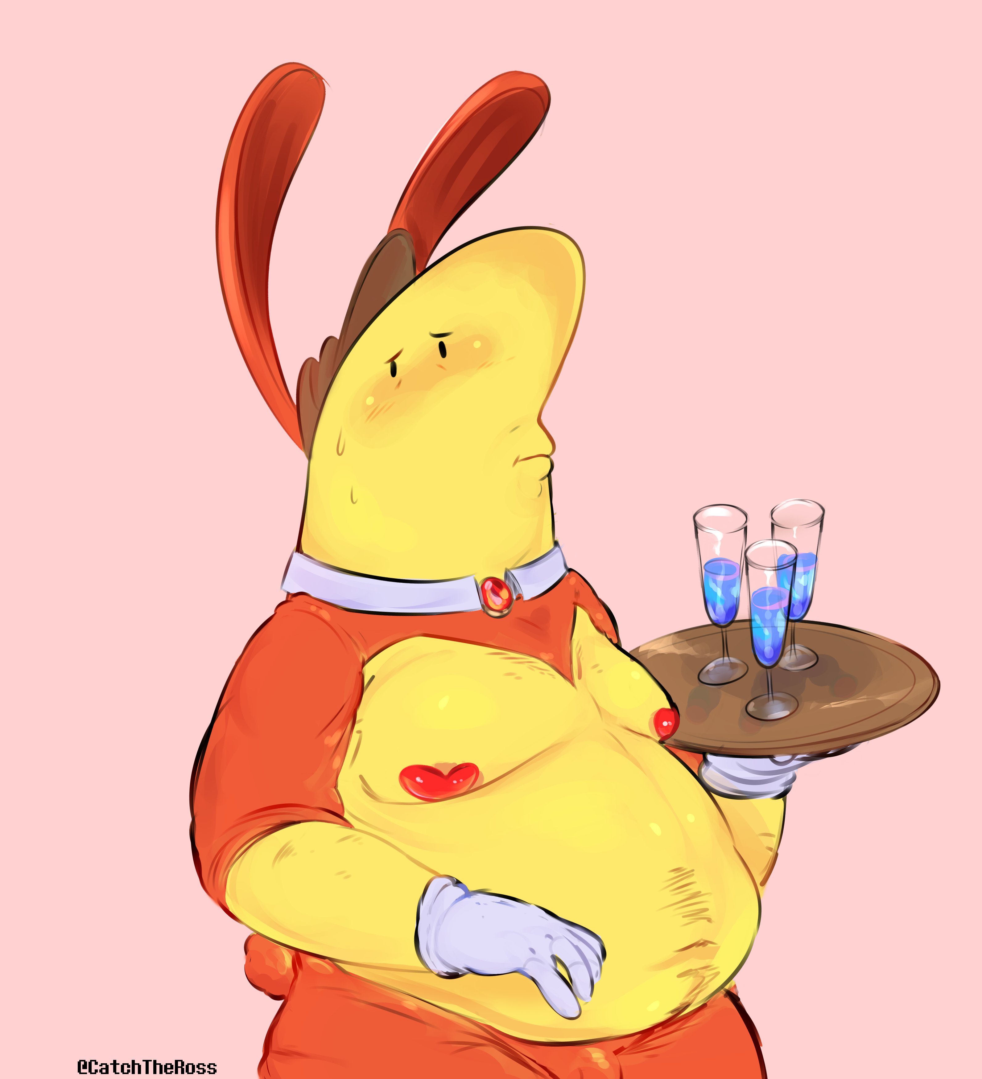 blush, bunny ears, catchtheross, charlie (smiling friends), chubby, chubby male, critter (smiling friends), gloves, hat, heart pasties, male, male only, pasties, reverse bunnysuit, smiling friends, solo male, tummy, waiter, white gloves