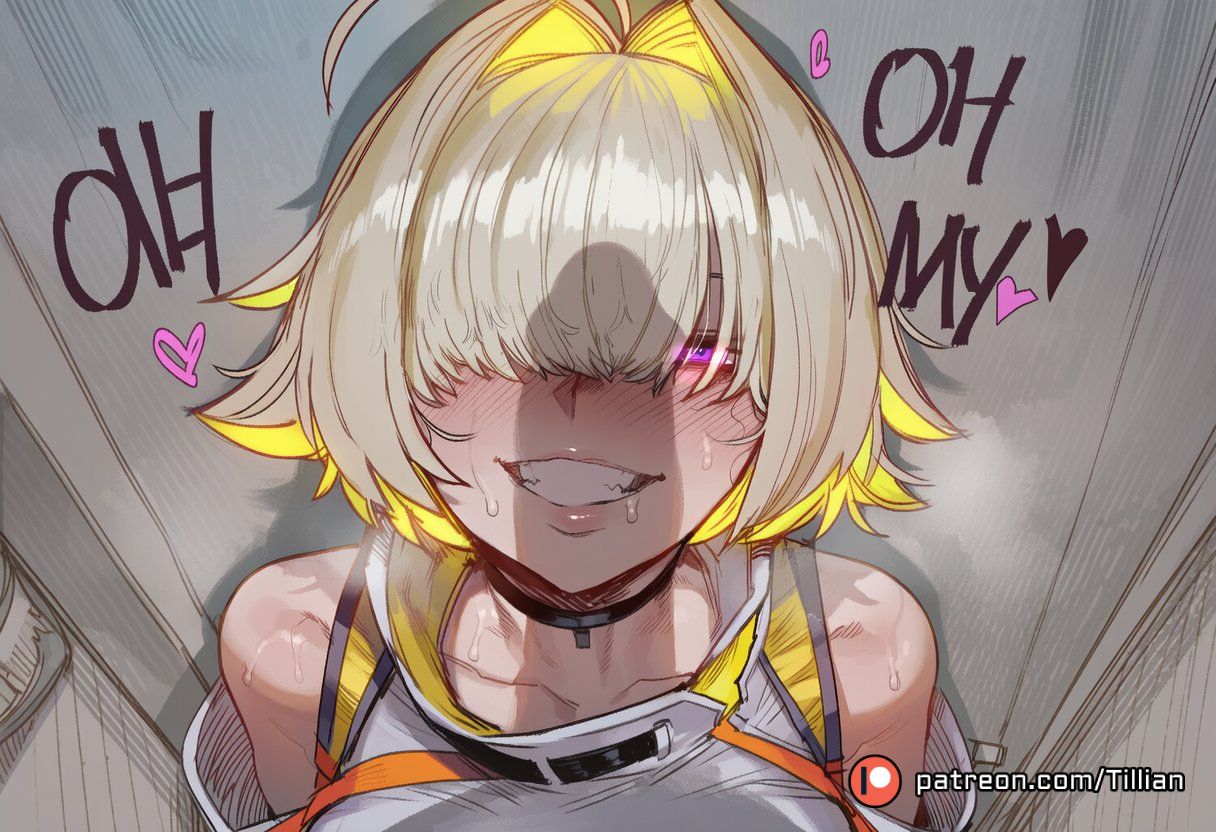 1boy, ahoge, ai generated, bare shoulders, black choker, blonde hair, blush, choker, drooling, elegg (nikke), english text, female, goddess of victory: nikke, grin, hair intakes, hair over one eye, heart, looking at viewer, male, multicolored hair, patreon logo, patreon username, penis, penis shadow, pink eyes, purple eyes, saliva, short hair, smile, solo focus, straight, sweat, teeth, tillian, two-tone hair