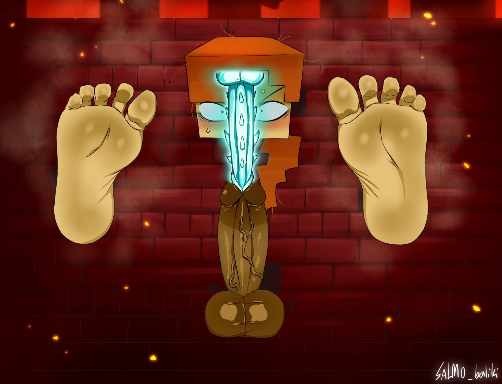 alex (minecraft), barbed penis, barefeet, blush, docking, exposed, exposed penis, femboy, foot fetish, foot focus, free use, hung bottom, male, minecraft, offscreen character, penis, public use, salmobaliki, spermicidal takeover, stuck, stuck in object, stuck in wall, tagme, urethral, urethral insertion, urethral penetration