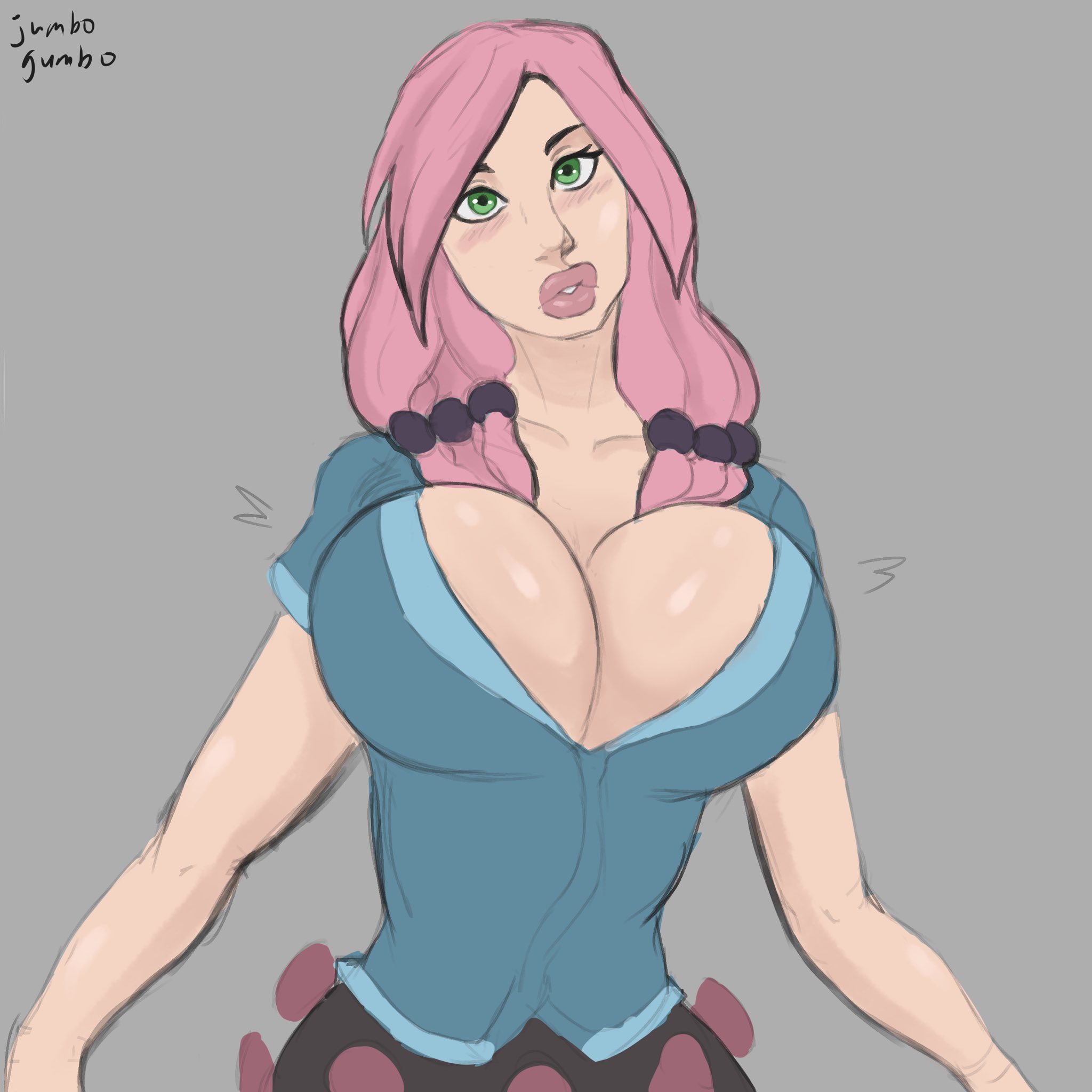 1girls, alternate breast size, big breasts, blush, blushing, breast focus, breasts, cleavage, clothed, female, female focus, female only, green eyes, grey background, huge breasts, human, jojo's bizarre adventure, jojolion, jumbogumbo, light skin, light-skinned female, long hair, pink hair, pink lipstick, puffy lips, shounen jump, simple background, solo, solo female, solo focus, yasuho hirose