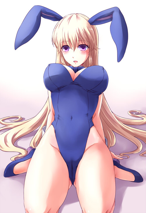 1girls animal_ears bare_legs blonde_hair blush bow bowtie breasts cameltoe code_geass covered_navel detached_collar female heels kazumoto_saori large_breasts leila_malcal leotard long_hair on_knees open_mouth playboy_bunny purple_eyes rabbit_ears sitting very_long_hair wariza white_background wrist_cuffs