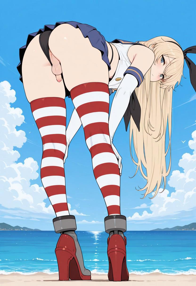 1boy, 1femboy, ai generated, alternate version available, anus, armwear, ass, balls, ballsack, beach, bent over, big ass, black thong, blonde hair, blue skirt, blush, crossdressing, femboy, feminine male, girly, high heels, invisiblesquirrel, kantai collection, legwear, long hair, looking at viewer, looking back, low-angle view, male, outdoors, outside, penis, shimakaze-kun, skirt, solo, striped legwear, testicles, thick thighs, thighs, thong, thong aside, trap