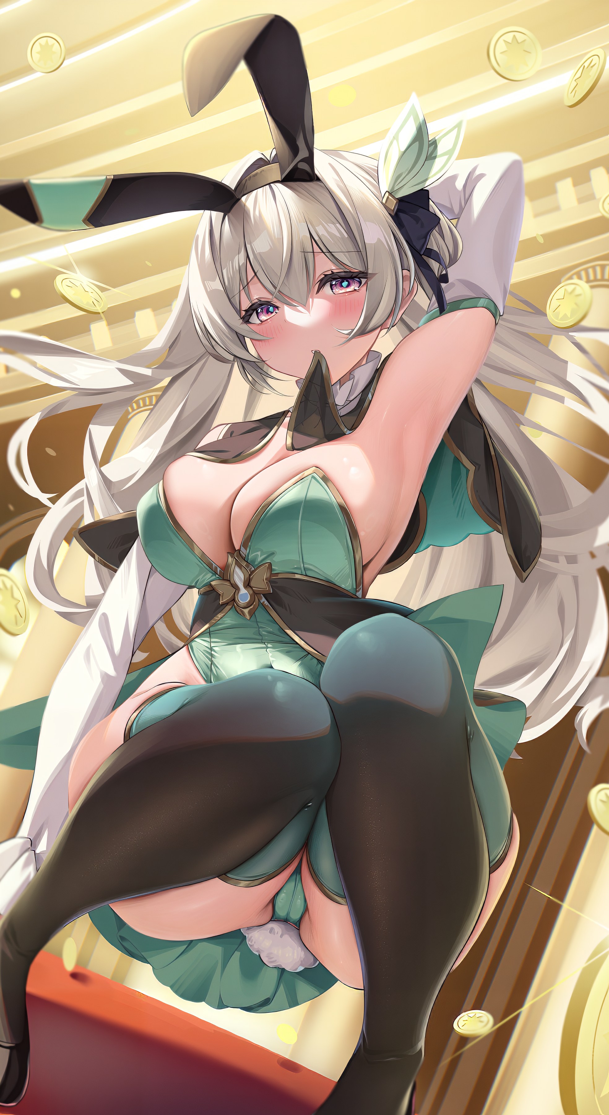 alternate costume, armpits, arms up, ass, blush, breasts, bunny tail, bunnysuit, cameltoe, casino, collar, fake animal ears, female, female only, firefly (honkai: star rail), grey hair, hairband, hino kagutsuki, honkai: star rail, large breasts, leotard, long hair, looking at viewer, rabbit ears, silver hair, solo, squatting, thick thighs, thighhighs, thighs