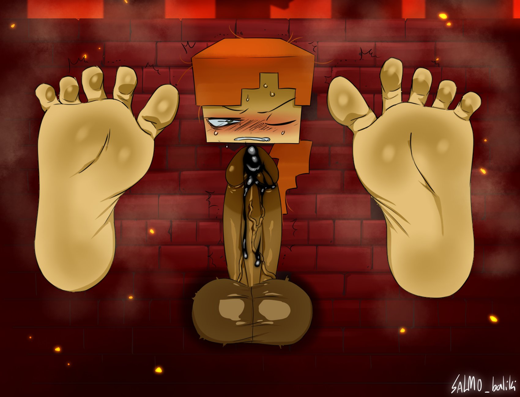 alex (minecraft), balls, barbed penis, barefeet, blush, corruption, cumming, docking, exposed, exposed penis, femboy, foot fetish, foot focus, free use, huge balls, huge cock, hung bottom, male, minecraft, minercraft, offscreen character, penis, public use, salmobaliki, spermicidal takeover, stuck, stuck in object, stuck in wall, tagme, urethral, urethral insertion, urethral penetration