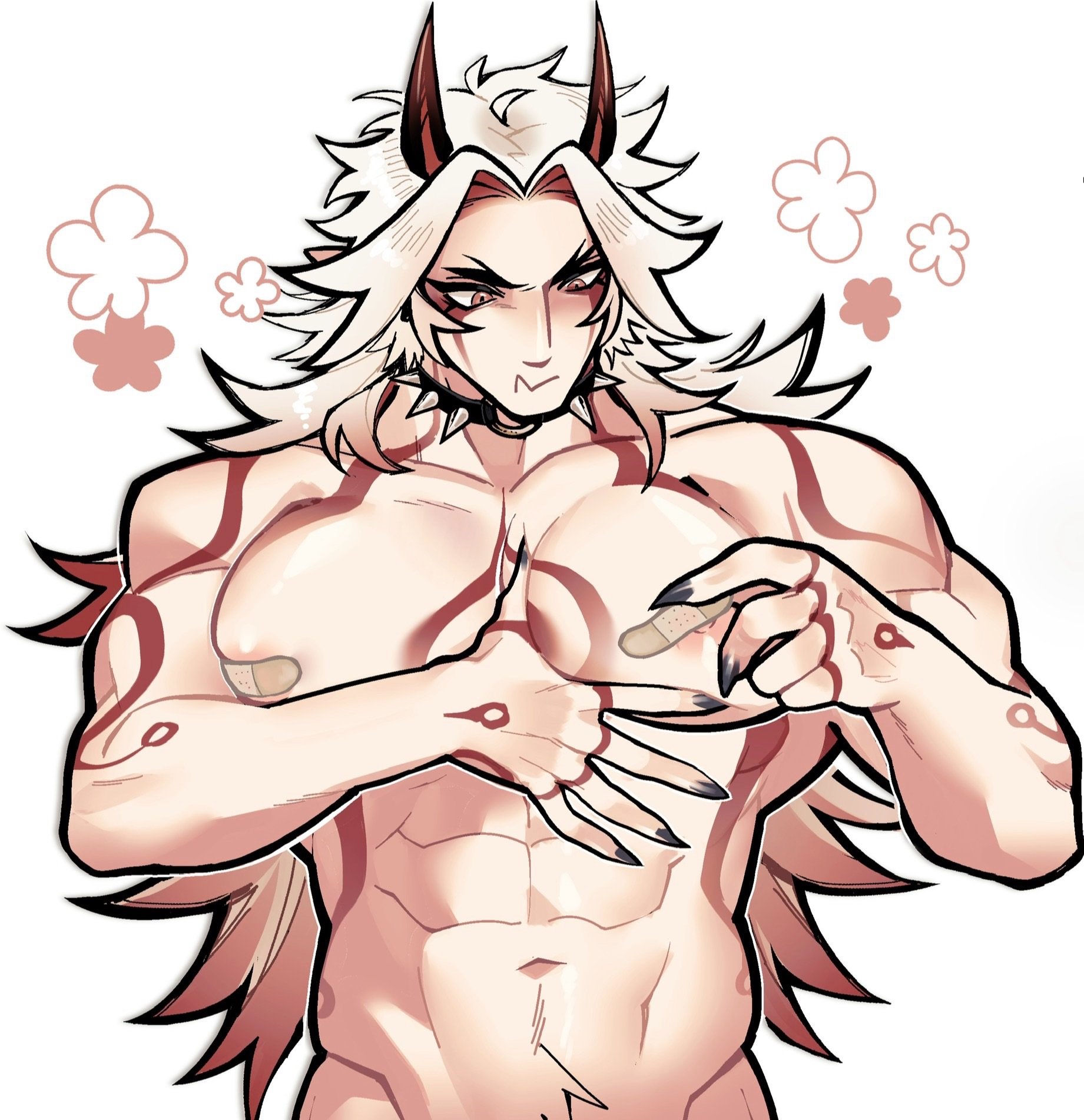 1boy, abs, arataki itto, bandaid, bandaids on nipples, breasts, fangs, furry, furry only, genshin impact, horns, humanoid, long hair, long-haired male, male, male only, moobs, muscles, muscular, muscular chest, muscular male, no visible genitalia, oni, partially nude, pecs, rottendevilman, smooth skin, smooth skinned male, tattoo, tattoos, tongue, tongue out, topless