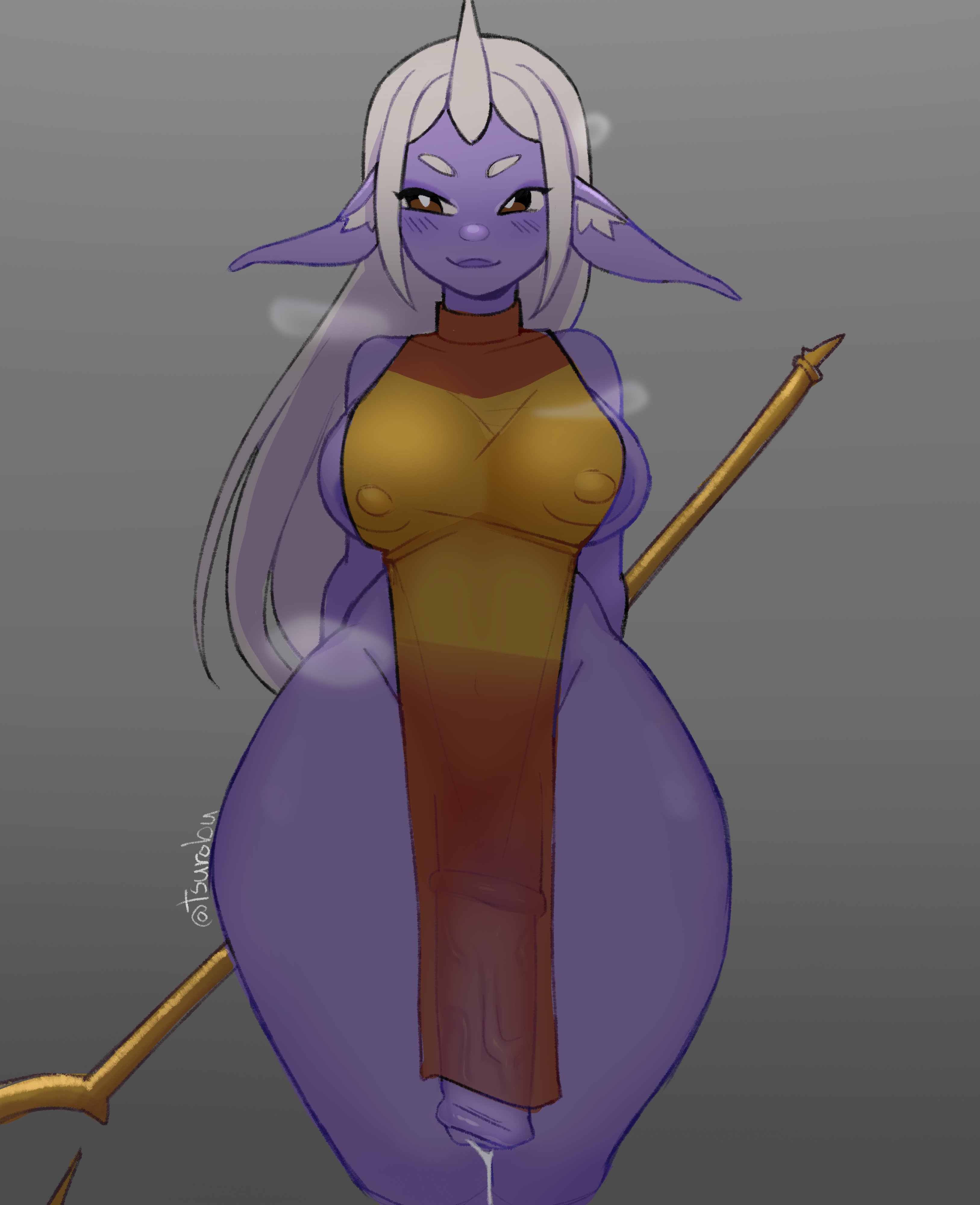 1futa, animal genitalia on humanoid, animal penis on humanoid, aritafloppa, cum, elf ears, female, futa focus, futa only, futanari, goat, horn, horsecock, horsecock futa, horsecock on humanoid, intersex, league of legends, long hair, monster girl, nipple bulge, nipple slip, nipples, penis, purple body, smile, soraka, staff, white hair