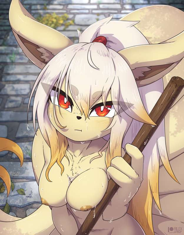 anthro, anthro only, blonde hair, female, female only, fox, fox ears, fox girl, furry, kemonomimi, ninetales, orange highlights, orange nipples, pokémon (species), pokemon, pokemon (species), pout, pouting, red eyes, rilex lenov, shizu (rilex lenov), tagme, topless, topless female, wet, wet body, yellow fur