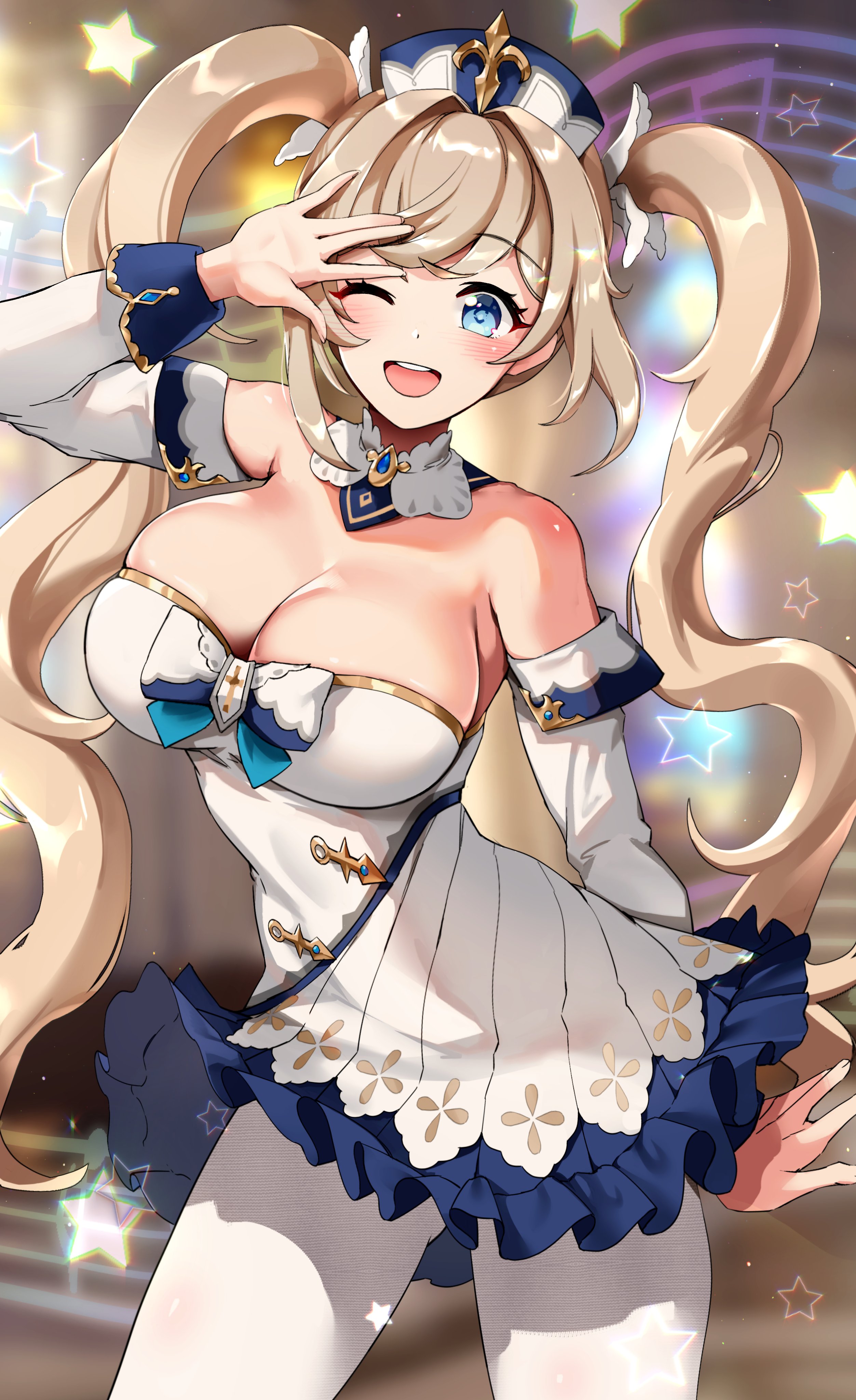 1girls, 2022, aged up, anime style, barbara (genshin impact), big breasts, blonde hair, blue eyes, breasts, cleavage, clothed, clothed female, detached sleeves, dress, female, female only, foxy rain (foxyreine), foxyrain (foxyreine), foxyreine, genshin impact, hat, hi res, hips, huge breasts, long hair, nun, pantyhose, slim waist, smile, solo, thick thighs, thighs, twintails, white clothing, wide hips, wink