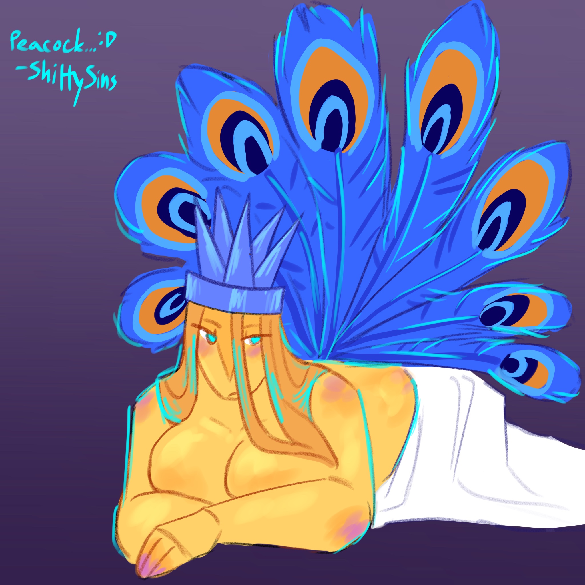 1boy, blue eyes, breasts, cleavage, color, colored, crown, cyan eyes, drawing, hat, itrapped, itrapped (forsaken), male, may madness 2012, no clothes, no sex, peacock, peacock tail, roblox, robloxian, self upload, shittysins, tagme, yellow body, yellow hair