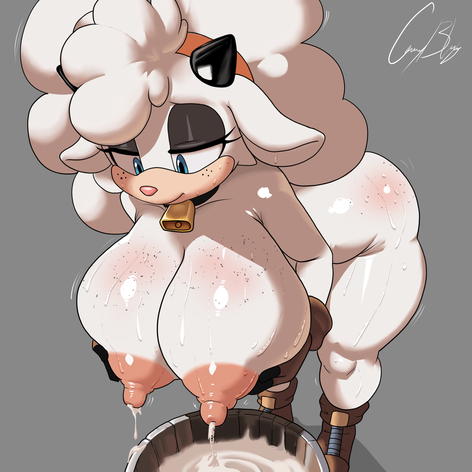 2d, 2d (artwork), 2d artwork, anthro, areola, areolae, ass, big breasts, breasts, bucket, caprine, cuernosblancos, female, hair, horns html, huge breasts, idw comics, idw publishing, lactating, lactation, lanolin the sheep, lanolin the sheep (sonic), lips, milk, naked footwear, nipples, sega, sheep, sonic (series), sonic the hedgehog (series), white body, white fur, white hair, white skin