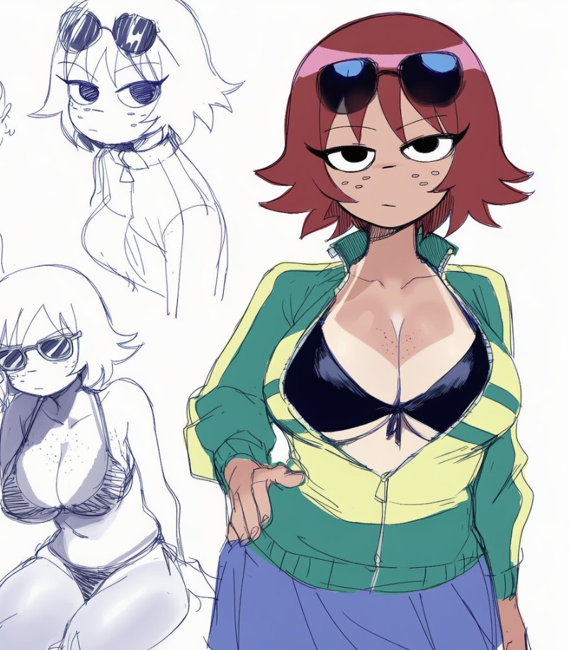 ai generated, annoyed, barely contained, barely contained breasts, barely fits, bikini, bikini top, black bikini, breasts too big, bursting breasts, female, imminent wardrobe malfunction, jacket, jacket open, kim pine, lapis slopzuli, red hair, scott pilgrim, strained zipper, straining clothing, tight fit, too tight, undersized clothes, undersized clothing, uravity98114