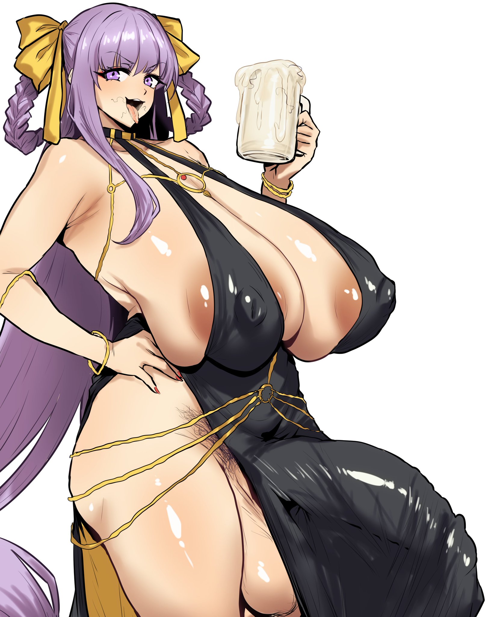 1futa, areola slip, areolae, balls, bare legs, bb (fate), bb dubai (fate), blush, braided hair, breasts, bulge, bulge through clothing, bulge under dress, center opening, cum, cum in container, cum in glass, dress, erection, fate (series), fate/extra ccc, fate/grand order, futa only, futa solo, futanari, gokkun, hair ribbon, hair rings, hand on hip, huge cock, intersex, light-skinned futa, long hair, looking at viewer, mochiume9, nipple bulge, nipples, nipples visible through clothing, painted nails, penis, pubic hair, purple eyes, purple hair, smile, solo, solo futa, stray pubic hair, thick thighs, tongue, tongue out