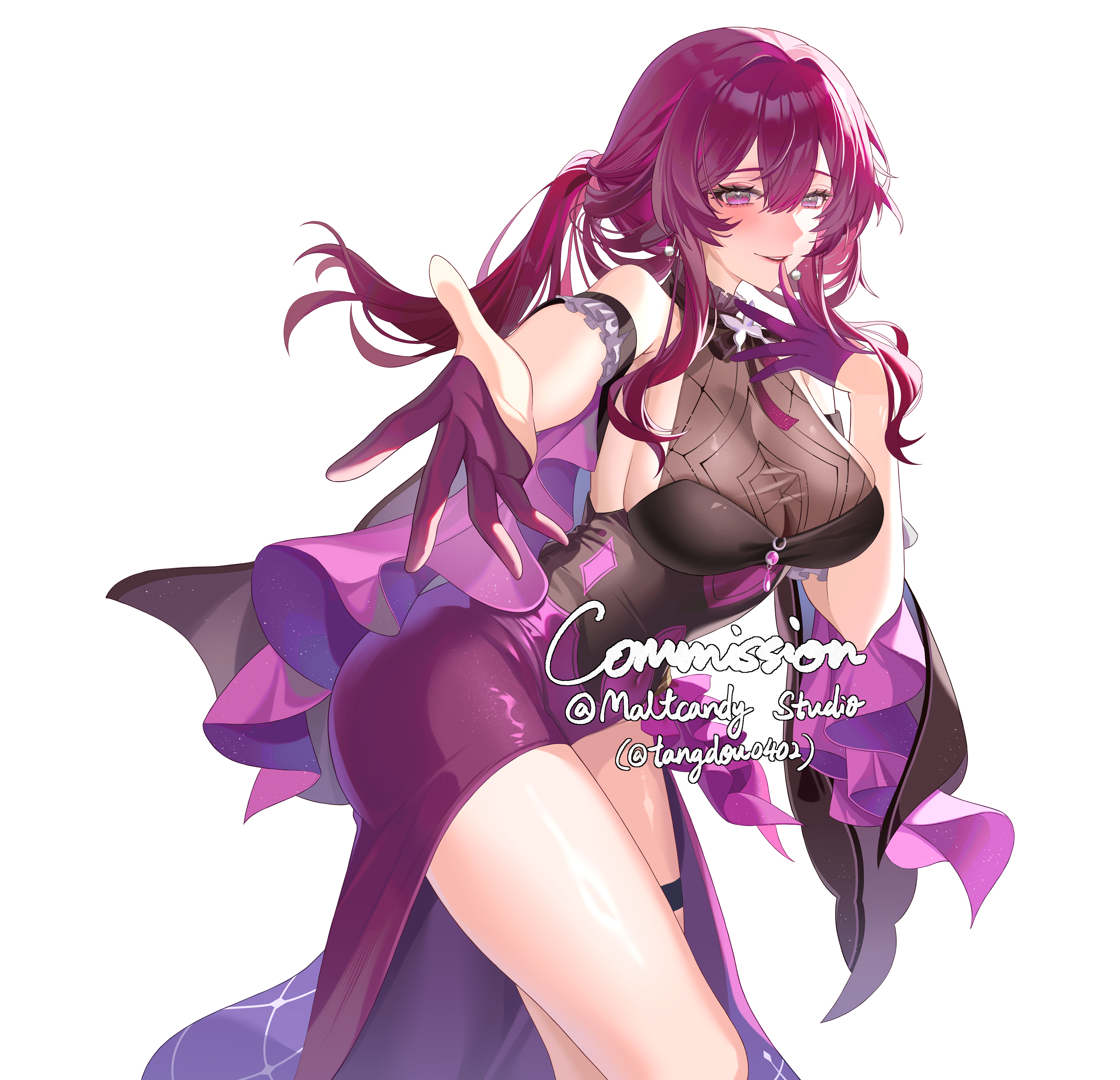 1girls, ass, breasts, dress, female, half gloves, honkai: star rail, hoyoverse, kafka (honkai: star rail), long hair, mihoyo, ponytail, purple dress, purple eyes, purple hair, tangdou