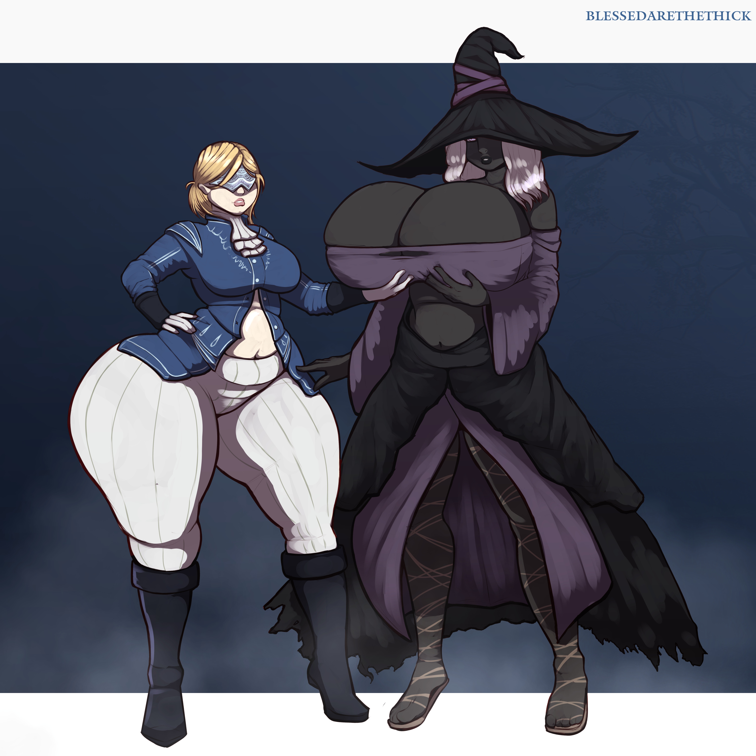 2girls, ass, bandai namco, blessedarethethick, bottom heavy, breast grab, breasts, bursting breasts, cleavage, duchess (nightreign), elden ring, female, female only, fromsoftware, gigantic breasts, huge ass, huge breasts, recluse (nightreign), revealing clothes, standing, voluptuous, wide hips