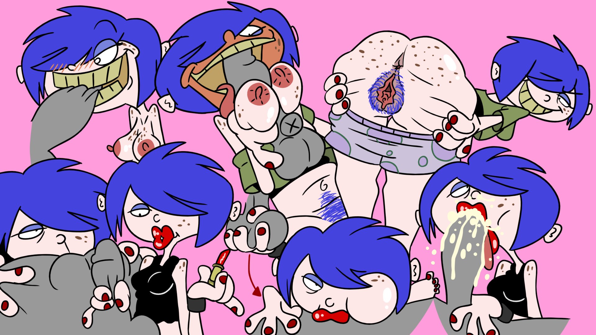 1boy, 2d, anilingus, anilingus from female, anus, balls, big penis, biting, blush, breasts, cartoon network, cock and ball torture, cock and balls torture, cum, cum in mouth, deepthroat, ed edd n eddy, excessive pubic hair, faceless male, fellatio, female, femdom, freckles, freckles on ass, freckles on chest, jones boi, kanker sisters, light skin, light-skinned female, lips, lipstick, makeup, male, marie kanker, nail polish, nude, oral, oral sex, painted nails, penis, penis biting, pubic hair, pussy, red lipstick, spread pussy