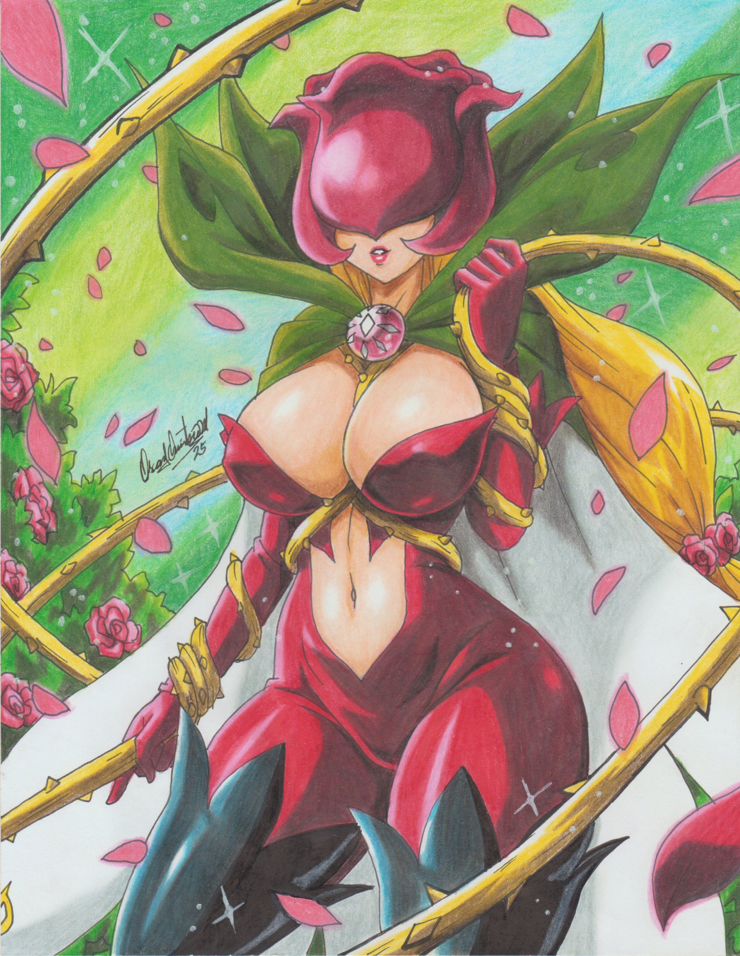 1girls, 2025, bare navel, big breasts, blonde hair, breasts, cape, cleavage, clothed, digimon, female, huge breasts, navel, pencil (artwork), ravern clouk, red lipstick, rosemon, skin tight, solo, solo female, tagme, thick thighs, vine, whip