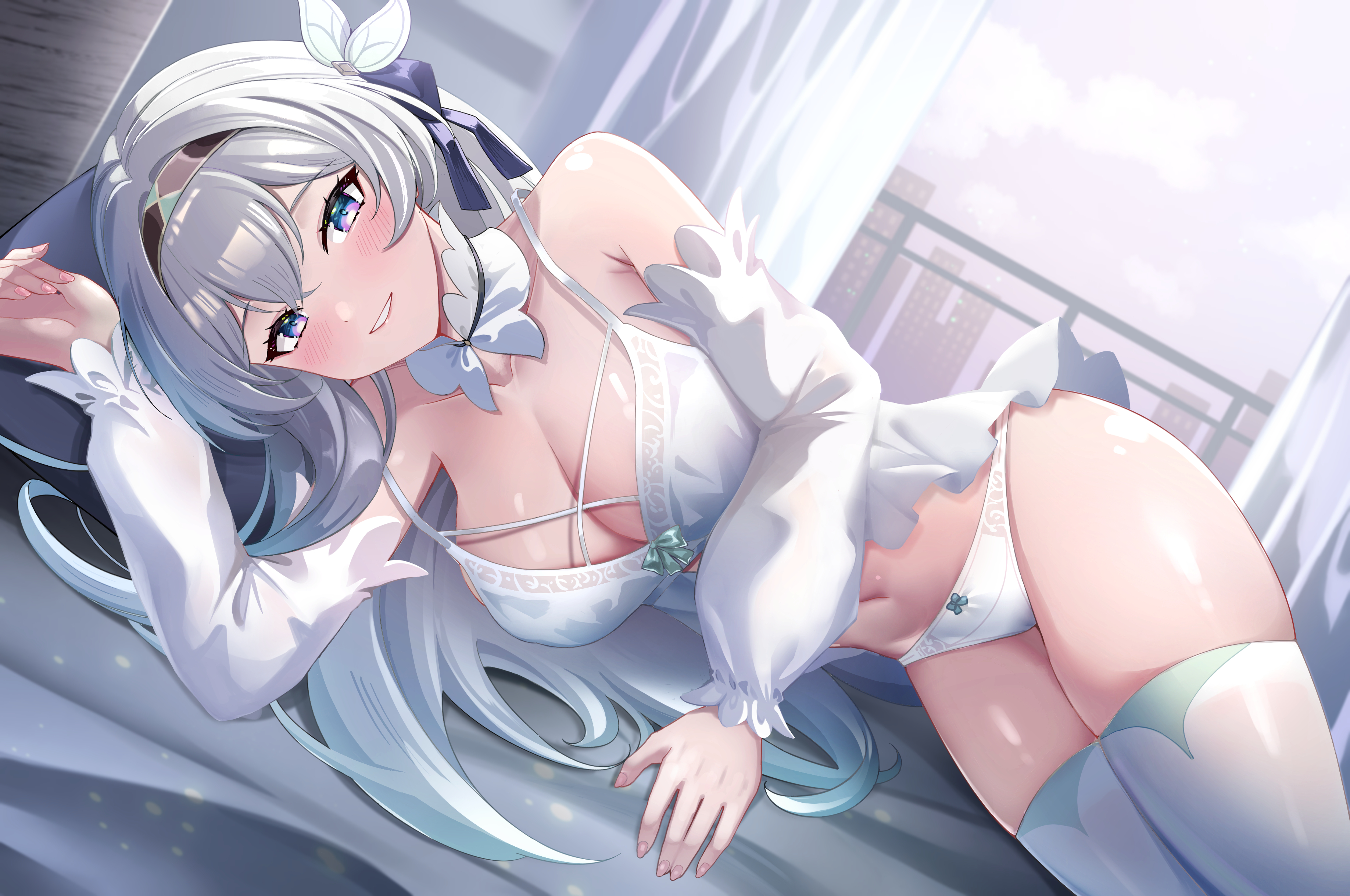 1girls, armwear, belly, big breasts, blush, bra, breasts, cleavage, detached sleeves, female, female only, firefly (honkai: star rail), hair ornament, hairband, hi res, honkai: star rail, hoyoverse, jinmuxi (user pvha4443), kmos, light skin, light-skinned female, long hair, long-haired female, looking at viewer, lying, lying on side, mihoyo, navel, neckwear, panties, smile, solo, stockings, stomach, thighhighs, thighs, underwear, white hair