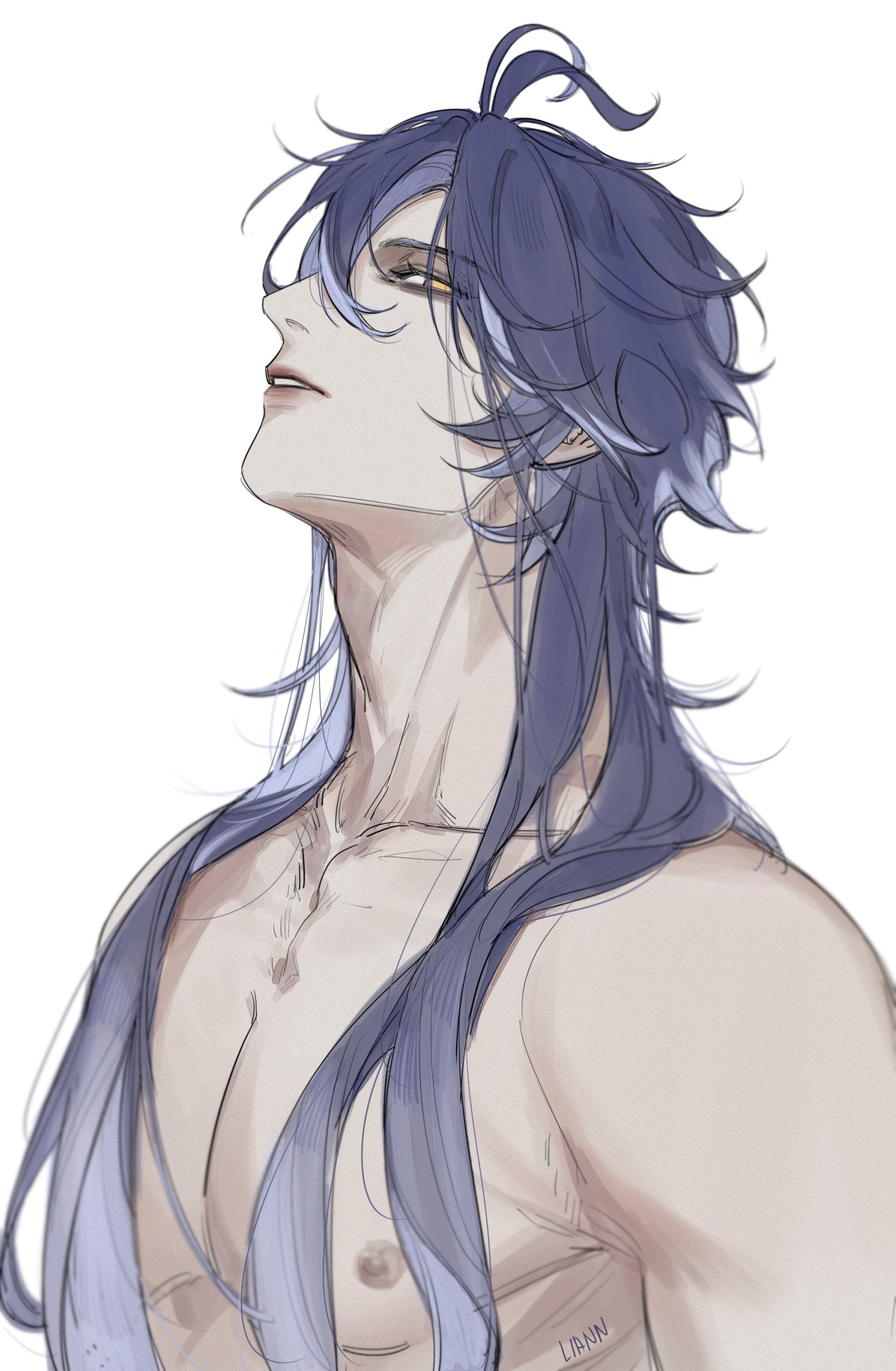 1boy, blue hair, flins (genshin impact), genshin impact, half body, liann1009, long hair, male, male only, naked, nipples, nude, nude male, solo, yellow eyes