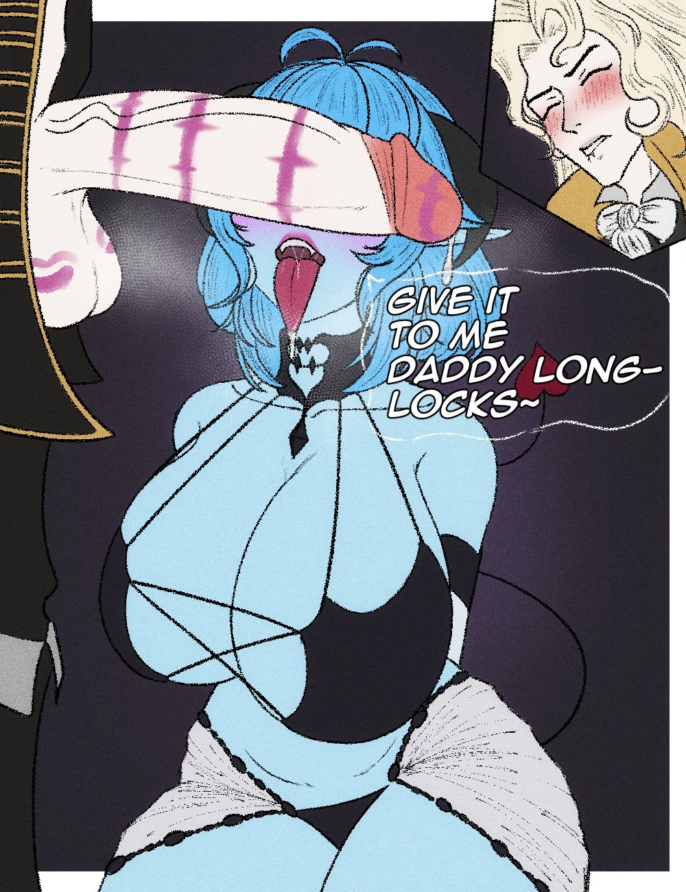 1boy, 1girls, after fellatio, after oral, alucard (castlevania), big penis, blonde hair, blue body, blue hair, blue skin, blush, breasts, cant see the haters, castlevania, cleavage, closed eyes, clothed, clothing, erection, female, huge breasts, light skin, light-skinned male, lipstick, lipstick mark, lipstick on penis, lipstick ring, makeup, male, opaluva (character), open mouth, penis, penis over eyes, ryjang, tongue, tongue out