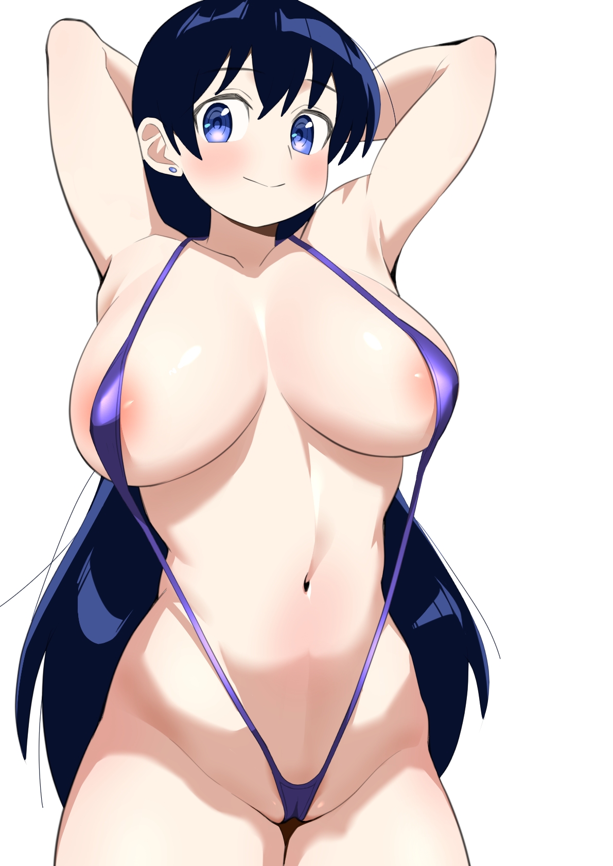 1girls, arato nagi, areola slip, arms behind head, arms up, big breasts, black hair, blue eyes, blush, breasts, cameltoe, covered nipples, curvaceous, curvaceous female, curvy, curvy female, earrings, female, female only, highres, huge breasts, imiin, jewelry, large breasts, light skin, light-skinned female, long hair, looking to the side, midriff, navel, presenting, presenting armpits, purple slingshot swimsuit, ruri no houseki, simple background, sling bikini, slingshot swimsuit, smile, solo, solo female, stomach, stud earrings, thigh gap, thighs, very long hair, voluptuous, voluptuous female, white background, wide hips