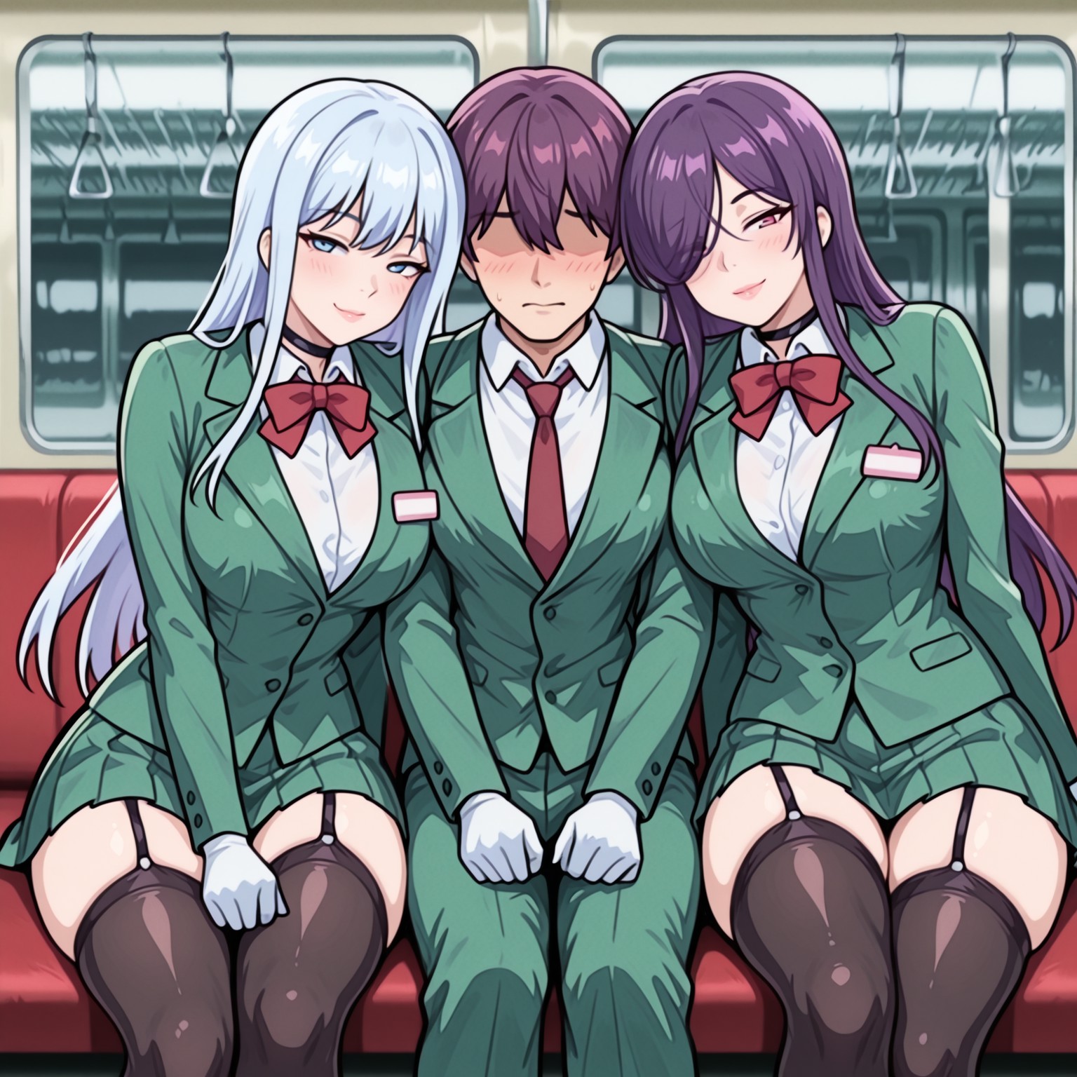 1boy, 2girls, ai generated, blushing male, breasts, campbell mira, collaboration, drop out, embarrassed, female, garter straps, huge breasts, male, oide yo! shiritsu yarima x rigakuen, school uniform, schoolgirl, shichijou reika, sitting, smirk, stockings, thick thighs, train