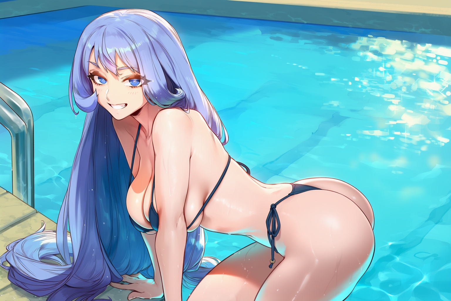 1girls, ai generated, aksn, all fours, bikini, bikini bottom, bikini top, blue eyes, blue hair, blue-haired female, blush, boku no hero academia, breasts, female, from side, hourglass figure, large breasts, long hair, my hero academia, narrow waist, nejire hado, pool, poolside, smile, solo, solo focus, water