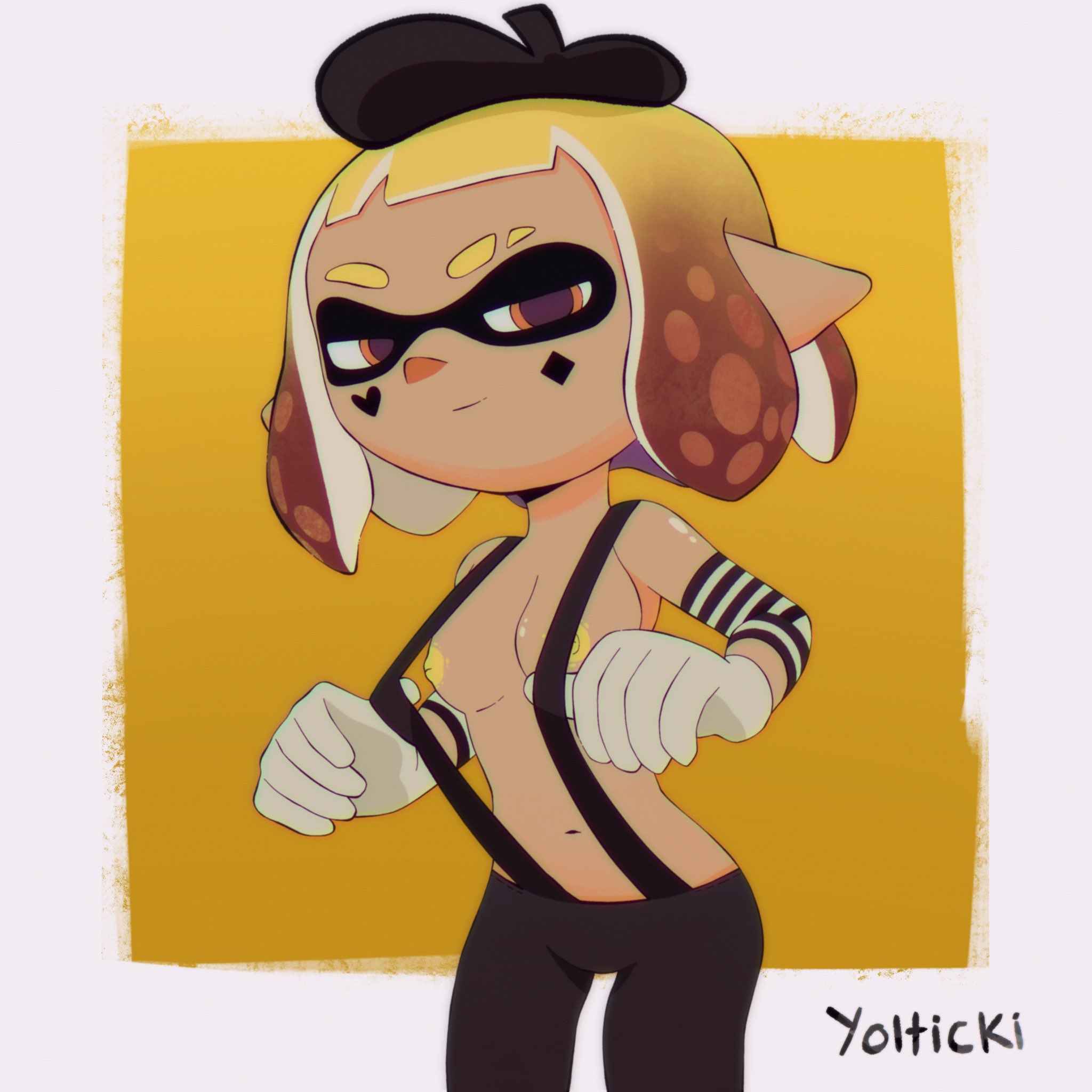 clown girl, female, inkling girl, looking at viewer, nintendo, short hair, solo female, splatoon, splatoon (series), splatoon 2, straps, tentacle hair, yolticki