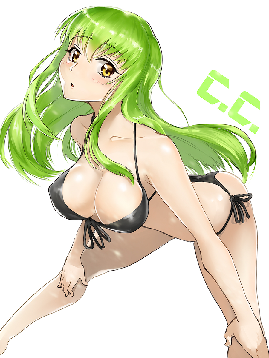 1girls ass bent_over bikini black_bikini breasts c.c. character_name cleavage code_geass collarbone feet_out_of_frame front-tie_top green_eyes hands_on_own_knees leaning_forward long_hair looking_at_viewer side-tie_bikini simple_background solo standing swimsuit white_background yellow_eyes yuki_tarou