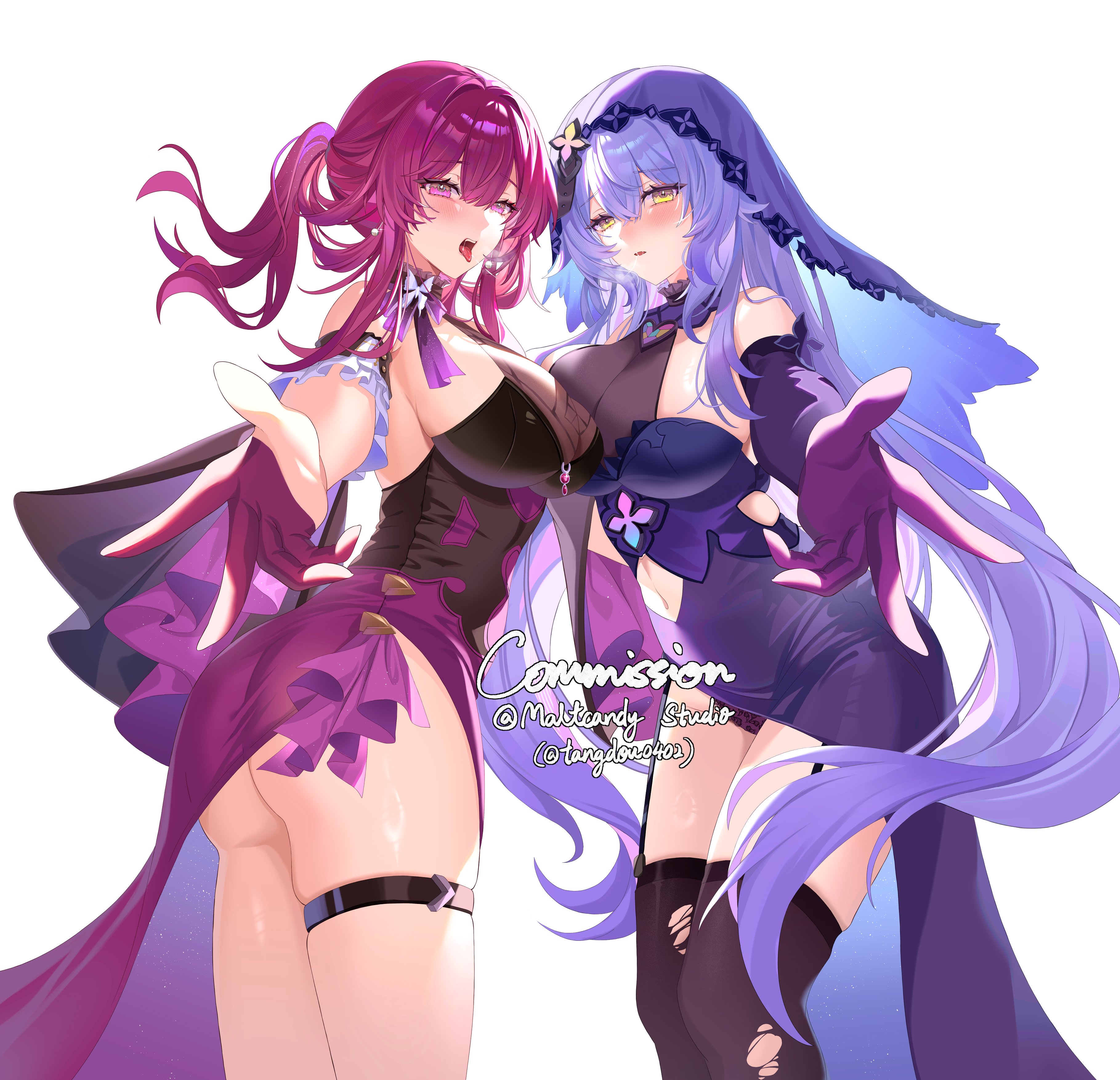 2girls, ass, black swan (honkai: star rail), black underwear, breasts, breasts squeezed together, dress, female, gloves, half gloves, honkai: star rail, hoyoverse, kafka (honkai: star rail), long hair, mihoyo, purple dress, purple hair, tangdou, thighhighs, underwear, veil, yellow eyes