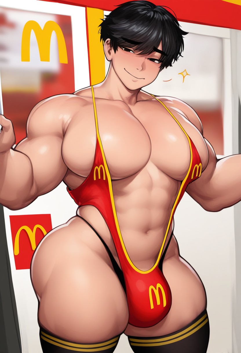 1boy, 1femboy, abs, ai, ai generated, ass, ass focus, bara, bara tiddies, bara tits, big ass, big chest, big pecs, black hair, blush, blushing male, breasts, bubble butt, busty, dumptruck ass, enormous ass, etpdgcvb2, fat ass, femboy, feminine, feminine male, gigantic ass, girly, huge ass, huge ass (male), hyper, hyper ass, male, male only, mankini, mcdonald's, muscular, muscular femboy, muscular male, pecs, presenting, red mankini, round ass, single, solo, solo male, thick, thick ass, thick thighs, thighs, thong, voluptuous, voluptuous body, voluptuous femboy, voluptuous male, yaoi, yellow mankini