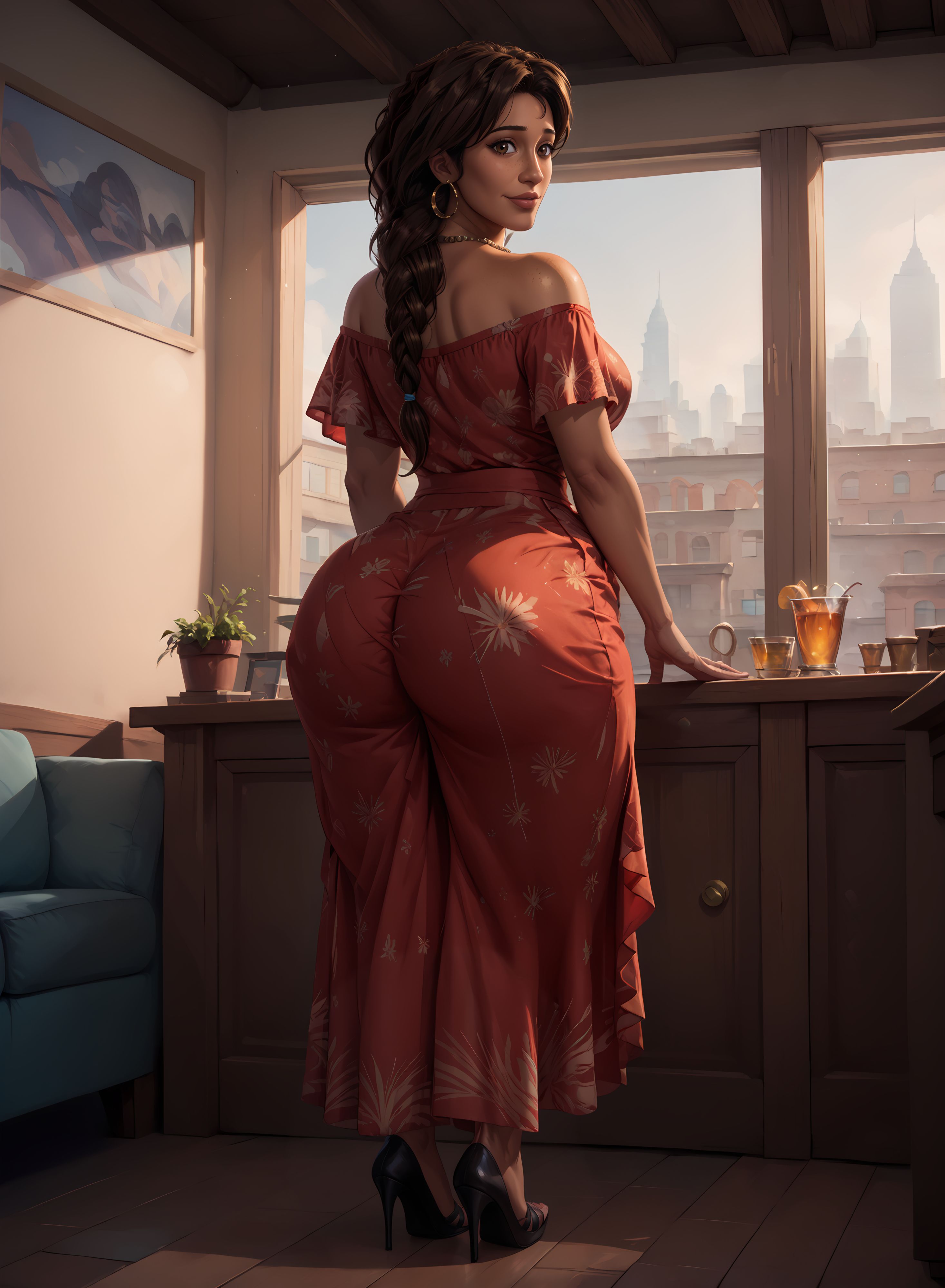 1girls, ai generated, ass, bare shoulders, big ass, big breasts, black hair, braid, breasts, brown eyes, dark skin, dark-skinned female, dress, earrings, female, female only, hoop earrings, huge breasts, human, large breasts, looking at viewer, marvel, marvel comics, mature, mature body, mature female, mature figure, milf, mommy, rio morales, rio morales (spider-verse), round breasts, solo, solo female, spider-man (series), spider-man: across the spider-verse, spider-man: into the spider-verse, thick, thick ass, thick thighs, thighs, voluptuous, voluptuous female, wide hips, xrp7788