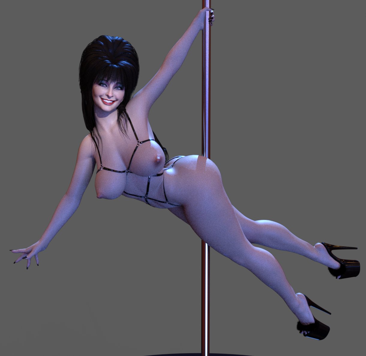1girls, 3d, ass, breasts, elvira, elvira: mistress of the dark, female, female only, high heels, legoman, long fingernails, nail polish, nipples, painted fingernails, painted nails, painted toenails, platform heels, pole, pole dancing