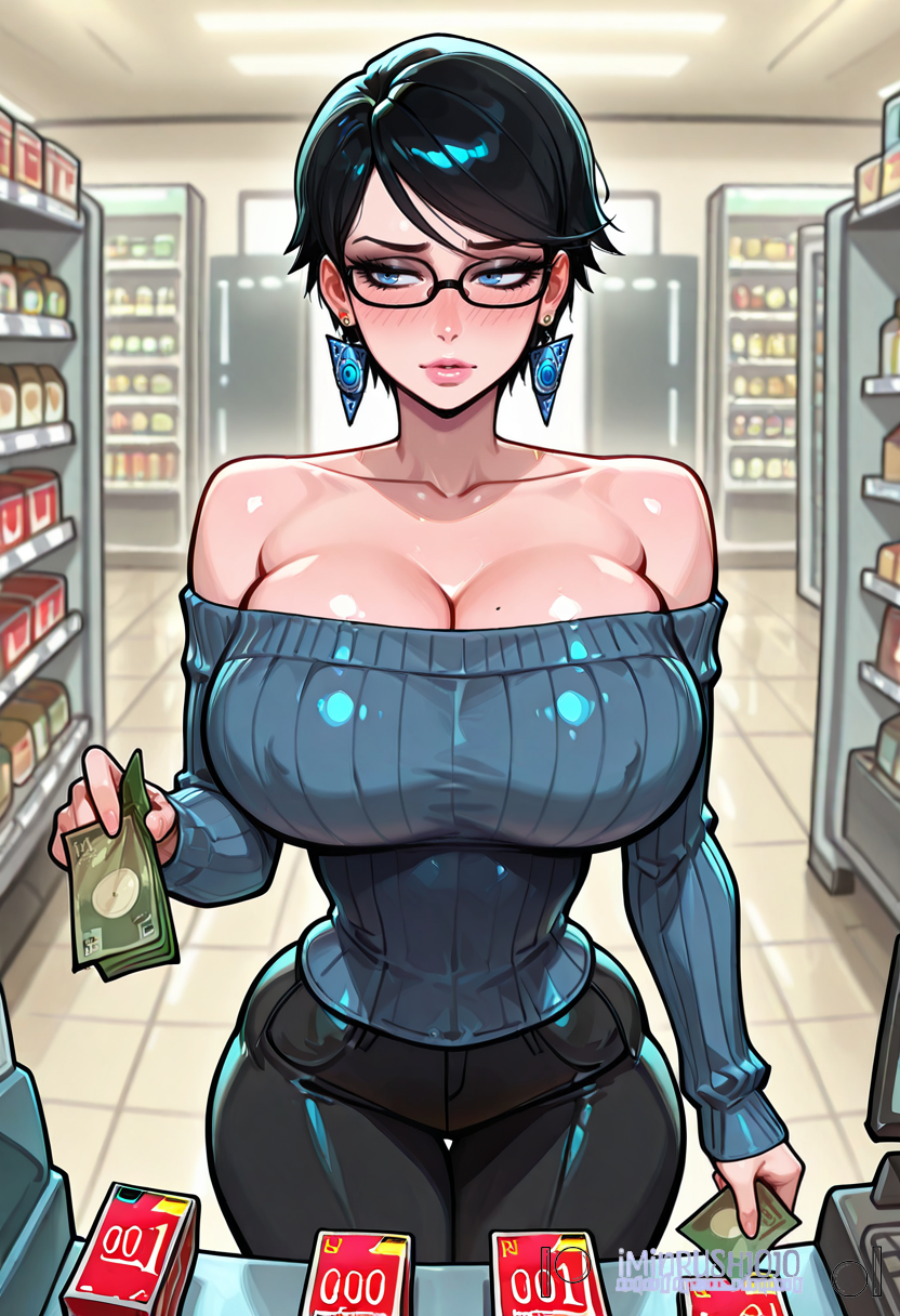 ai generated, ai text, bayonetta, bayonetta (character), buying condoms, condom, condom box, embarrassed, female, wide hips
