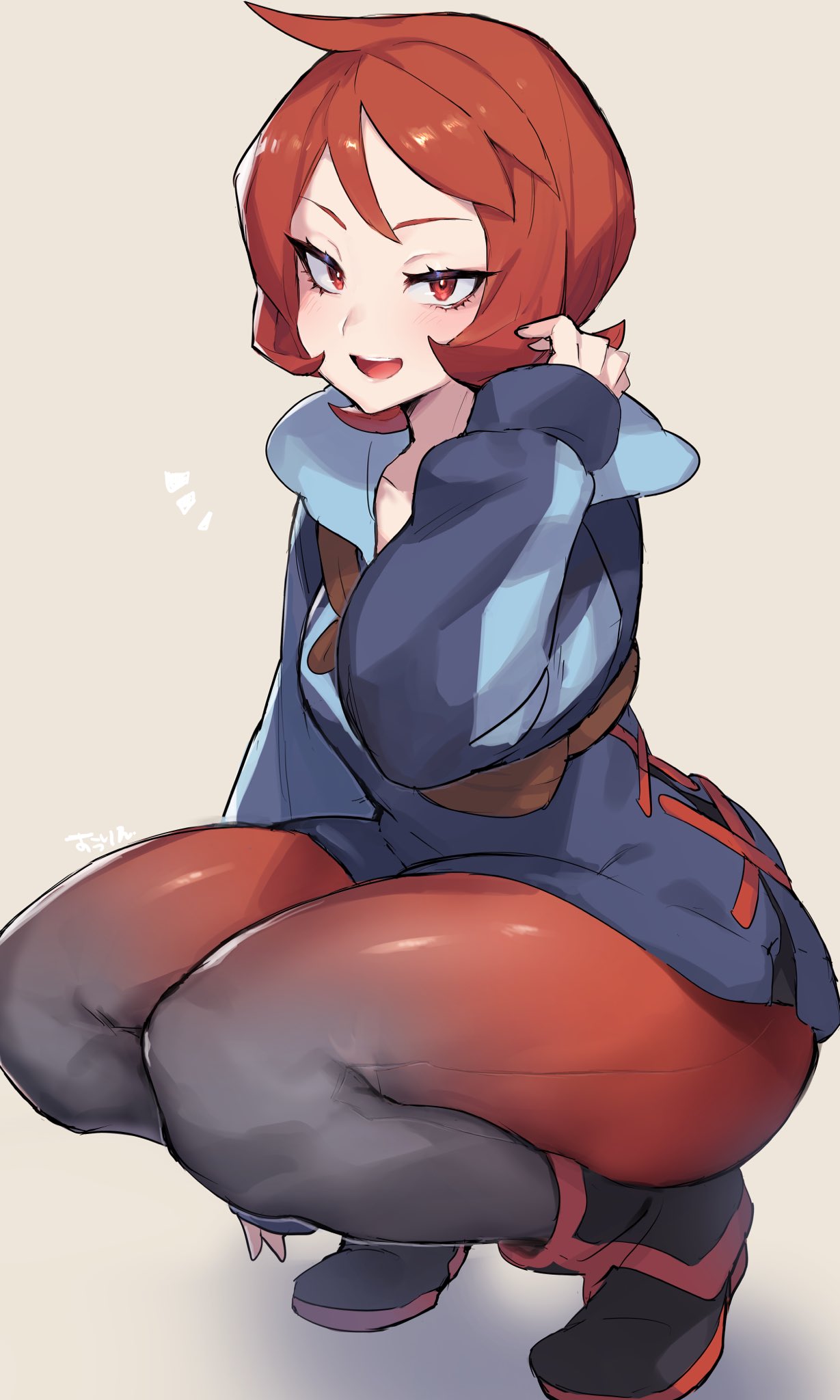 1girls, arezu (pokemon), big thighs, boots, clothed, clothing, crouching, curvaceous, curvy, female, footwear, fully clothed, game freak, huge thighs, human, large thighs, nintendo, pale skin, pokemon, pokemon legends: arceus, red eyes, red hair, short hair, solo, squatting, suurin (ksyaro), thick thighs, thighs, wide hips