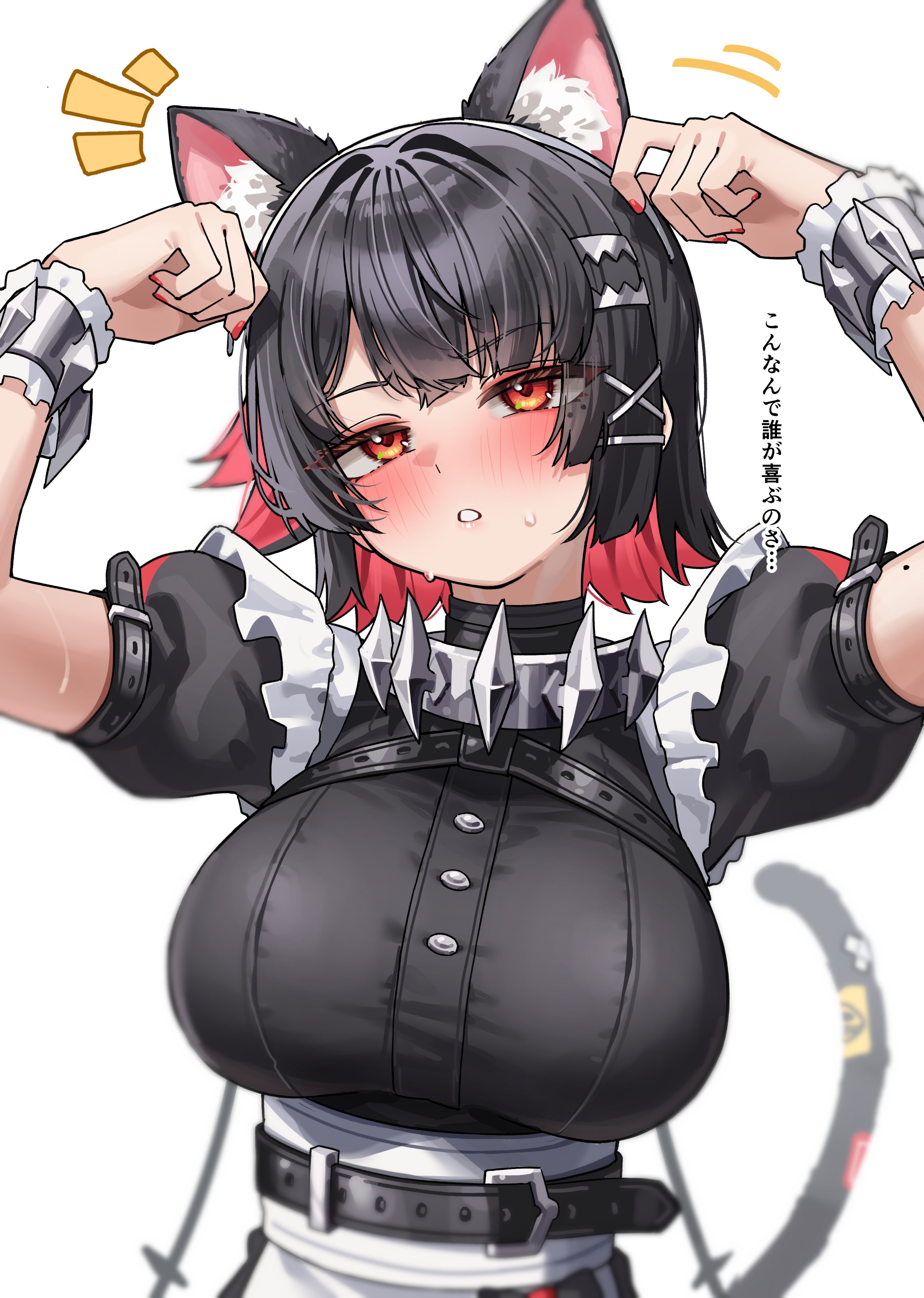 1girls, big breasts, black hair, blush, breasts, cat ears, cat girl, cat headband, cat pose, cat tail, ellen joe, eyebrows visible through hair, eyes visible through hair, female, green tea (matchaistasty), hair ornament, hoyoverse, large breasts, maid, maid apron, maid headdress, maid outfit, maid uniform, multicolored hair, red eyes, red hair, red nails, shark girl, solo, zenless zone zero