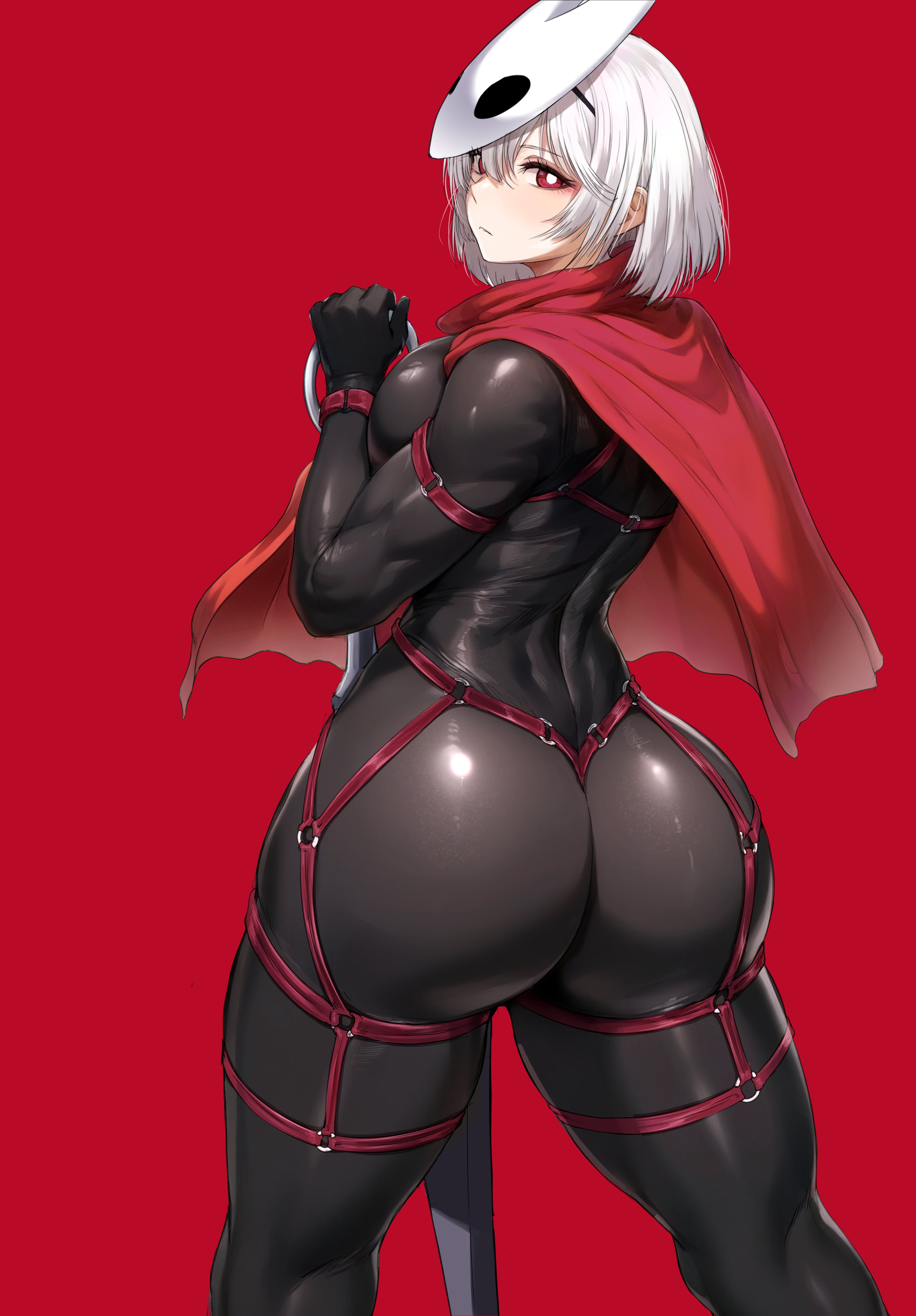 1girls, ass, bondage, bondage gear, clothed, female, fit, fully clothed, hollow knight, hollow knight: silksong, hornet (hollow knight), huge ass, humanized, light skin, looking back, ohthicc, otik, red eyes, solo, white hair
