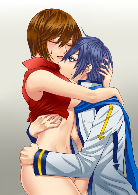1boy, 1girls, aqua eyes, bad id, bad pixiv id, blue eyes, blue hair, breast on chest, breast press, breasts, brown hair, closed eyes, female, gradient background, hamura mayu, hug, kaito (vocaloid), kaito v1, lips, male, meiko, nail polish, navel, no panties, open clothes, open shirt, shirt, short hair, straight, sweatdrop, vocaloid