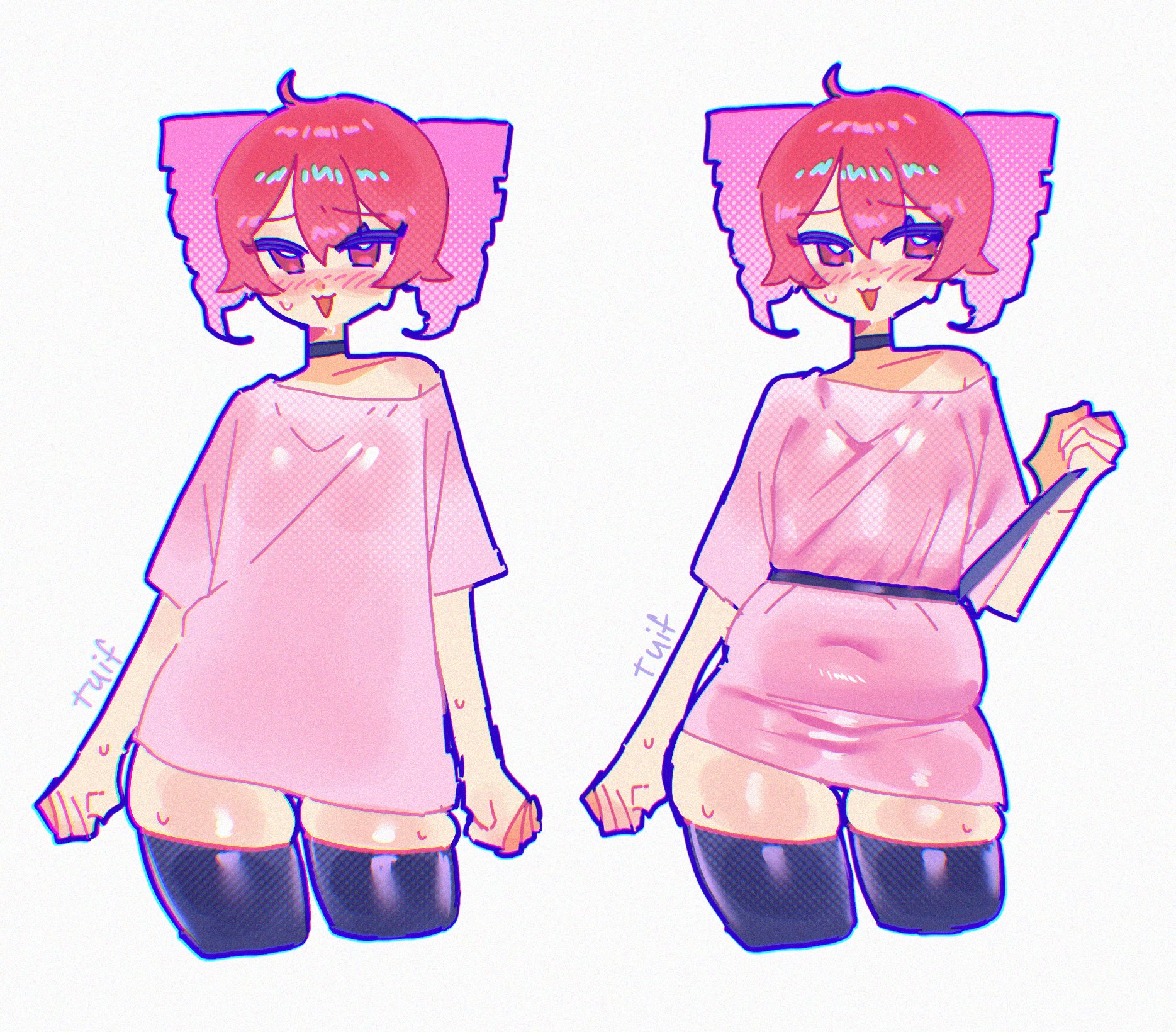 blush, choker, chubby, chubby female, collar, female, kasane teto, red hair, shirt pull, thick thighs, thighhighs, thighs, tuif, twin drills, utau