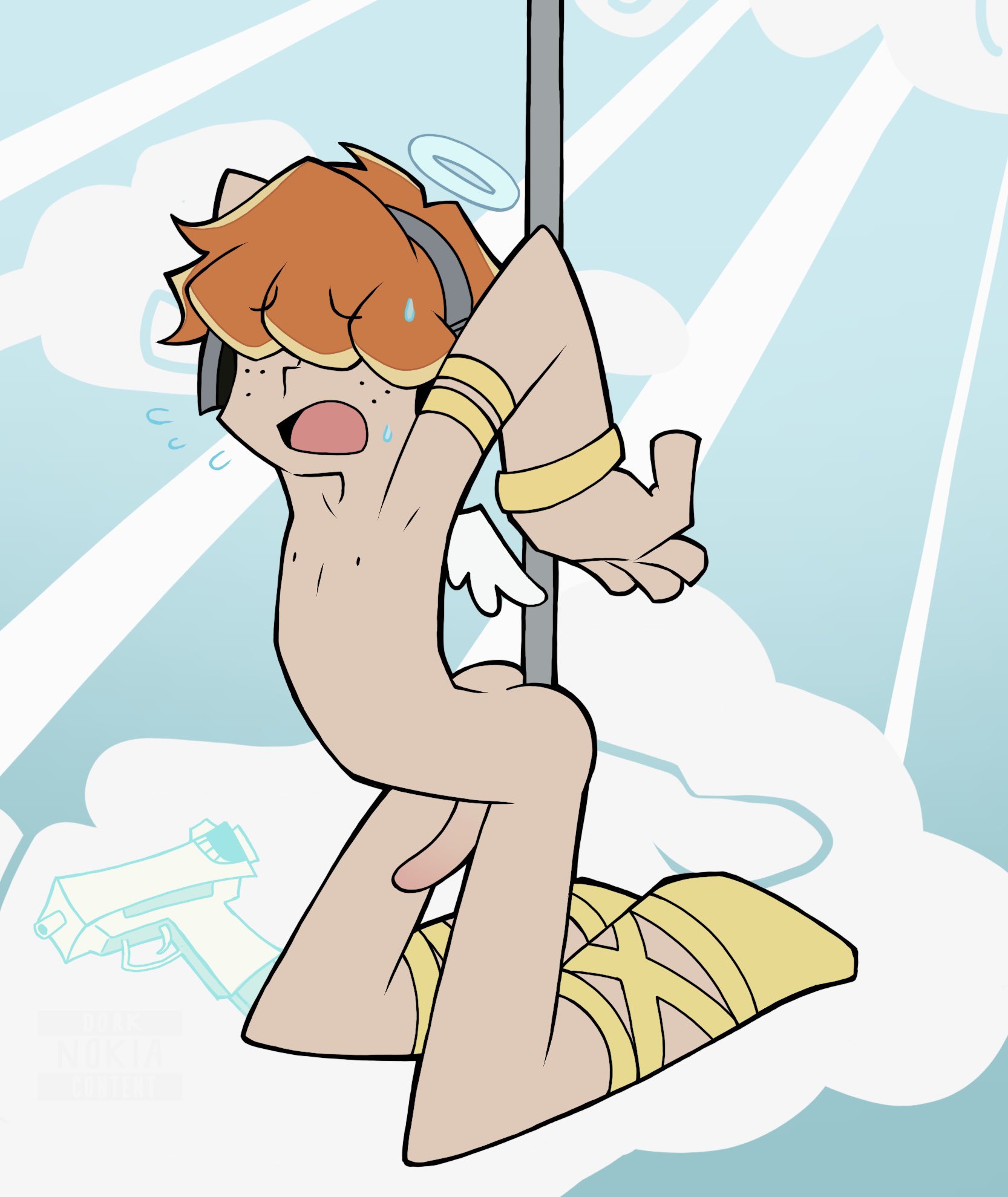 1boy, 2d, accurate art style, angel, angel wings, briefers rock, color, dork nokia, forced, freckles, ginger, gun, hair covering eyes, hair over eyes, halo, handcuffs, headphones, heaven, imminent rape, imminent sex, male, male only, naked, naked male, nervous, orange hair, panty & stocking with garterbelt, penis, questionable consent, solo, solo male, stripper pole, submissive, submissive male, sweat, sweating, tied to pole, twink, worried expression, yaoi