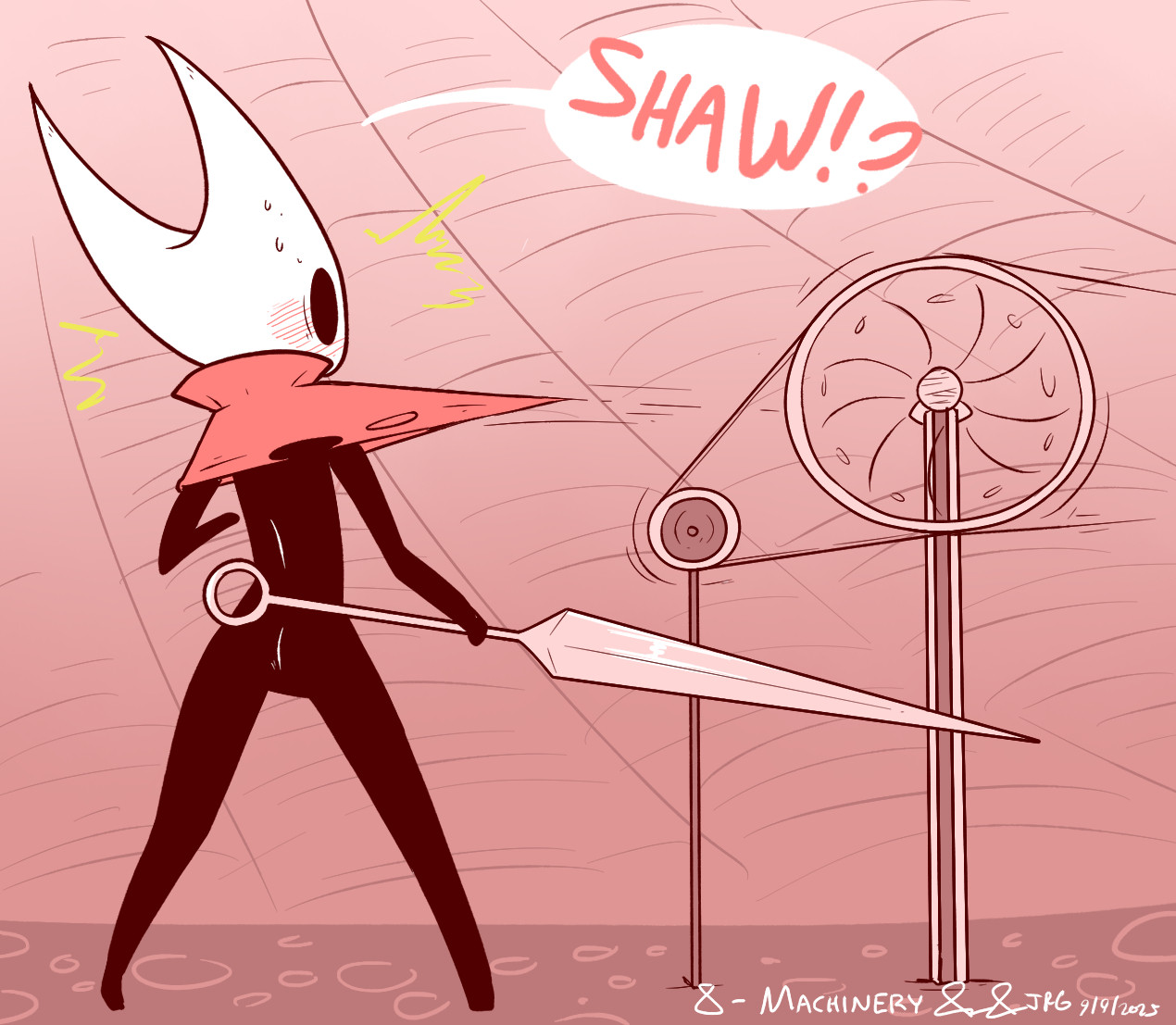 1girls, accidental exposure, anthro, ass, assisted exposure, black body, blush, cloak, clothing, embarrassed, embarrassed nude female, female, functionally nude, holding weapon, hollow knight, hollow knight: silksong, hornet (hollow knight), legs, machine, mistersaturn123, monochrome, senftember, senftember (2025), shocked expression, skinny, standing, sweatdrop, sword, tagme, thread, weapon, wide eyed