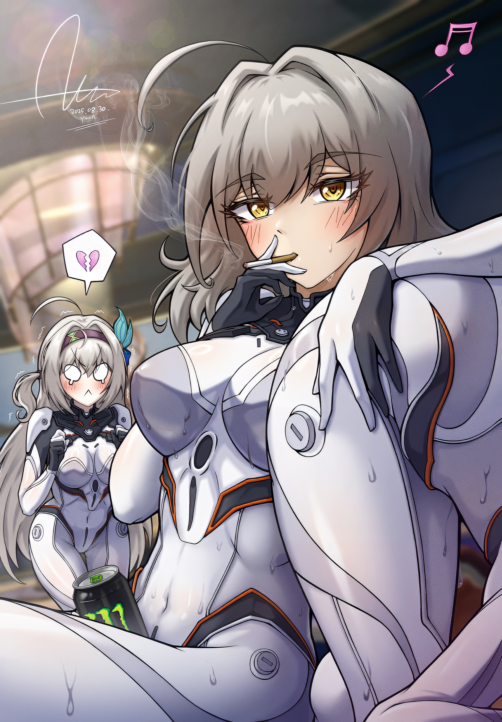 3girls, after sex, blush, bodysuit, breasts, broken heart, cigarette, cosplay, dasoin, dripping, female, female only, firefly (honkai: star rail), golden eyes, grey hair, hairband, hand on ass, heart, honkai: star rail, jealous, lesbian, long hair, matching outfit, monster energy drink, multiple females, multiple girls, musical note, silver hair, smoking, stelle (honkai: star rail), tearing up, top-down bottom-up, yellow eyes, yuri