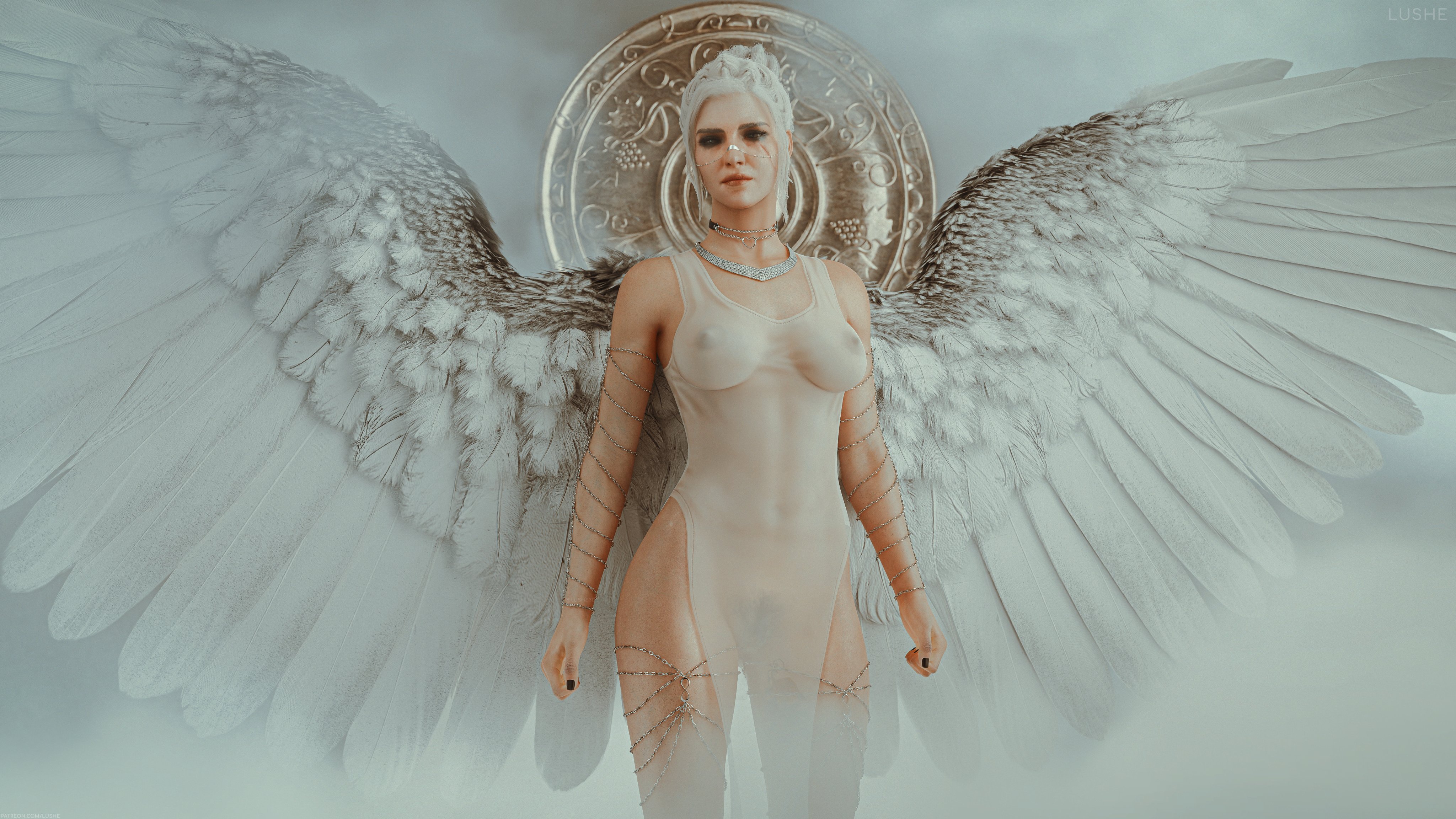 3d, angel wings, black nails, breasts, cd projekt red, ciri, female, freckles, green eyes, light-skinned female, lushe3d, mascara, necklace, nipples, nipples visible through clothing, pubic hair, pussy, realistic, scar, solo, solo female, tattoo, the witcher (series), the witcher 3: wild hunt, transparent clothing, white dress, white hair