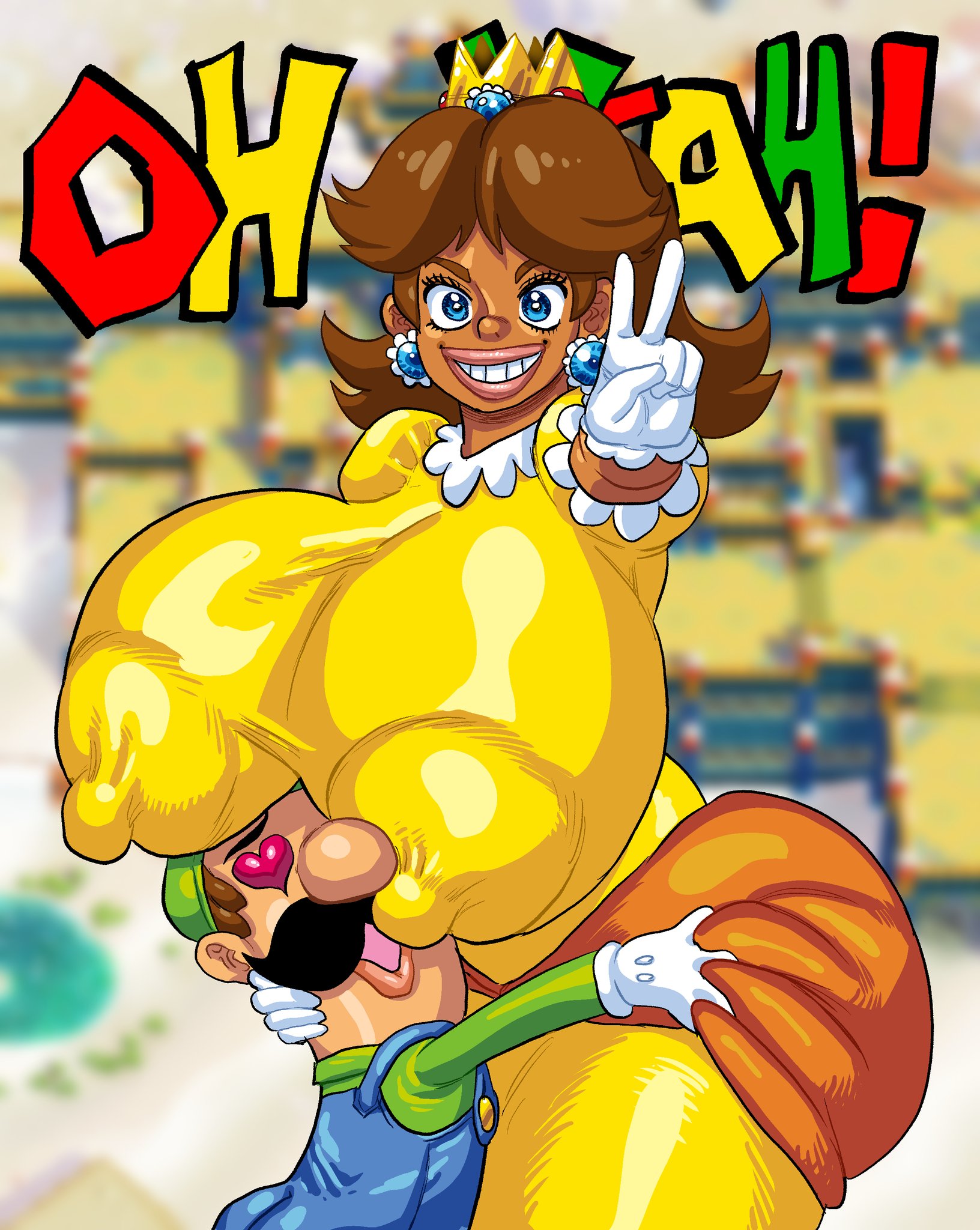 1boy, 1girls, big breasts, blue eyes, blue overalls, breasts, brown hair, clothing, crown, dark skin, dark-skinned female, dress, duo, earrings, english text, erect nipples, facial hair, female, flower earrings, gigantic breasts, gloves, goudadunn, green hat, green shirt, hat, heart-shaped pupils, height difference, huge breasts, hugging, large breasts, light skin, light-skinned male, looking at viewer, luigi, male, male/female, mario (series), massive breasts, mature, mature female, mature male, moustache, nintendo, nipples bulge, open mouth, overalls, princess, princess daisy, royalty, shirt, shorter male, size difference, smiling, smiling at viewer, taller female, tan skin, tan-skinned female, text, v sign, white gloves, yellow dress